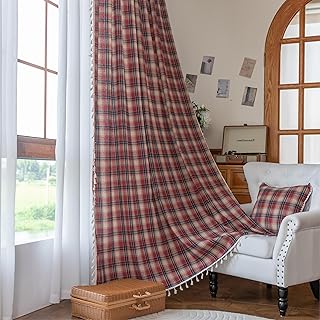 Red Plaid Curtains 72 Inch with Tassels Rod Pocket 2 Panels
