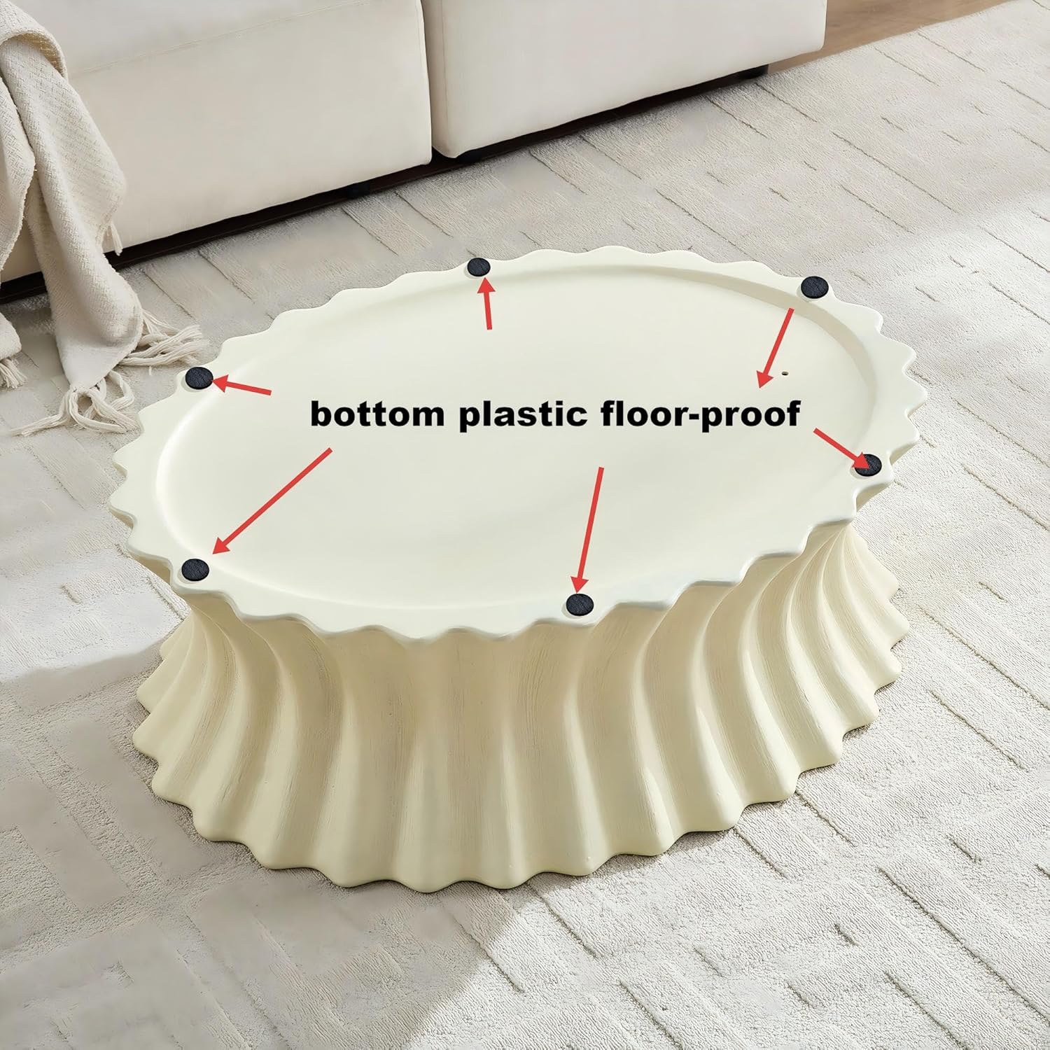 Oval Coffee Table, Cream Beige,35''Round Center Table, Scalloped Edge Design,Modern Contemporary Style, Fluted Pedestal Base Living Room Table Set