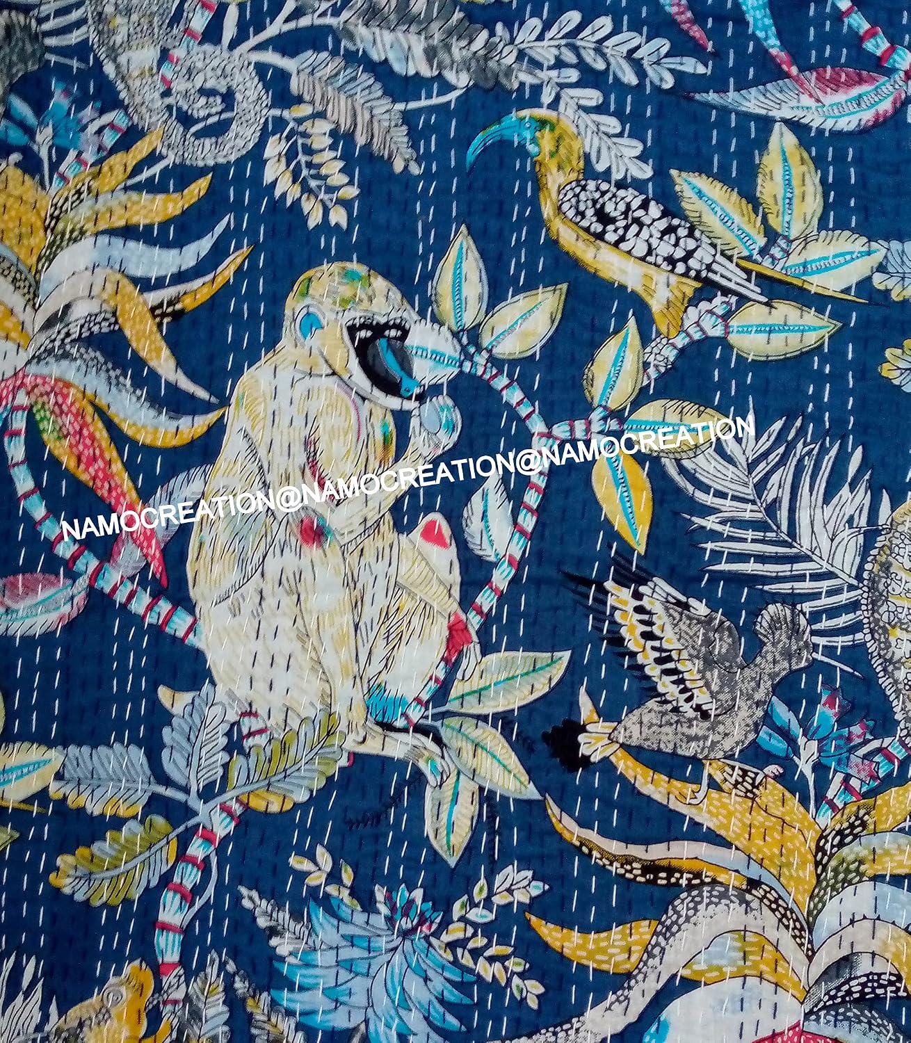 Monkey Animal Print Kantha Hippie Handmade Quilt Handblock Sofa Cover Bohemian Bedspread Reversible Throw Blanket with 2 Pillow California King/Queen/Twin (60X90 Inches)