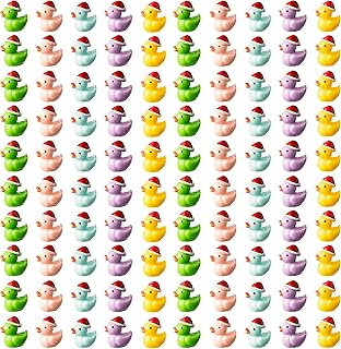 Haooryx 100Pcs Christmas Mini Resin Ducks Miniature Christmas Hat Duck Figures Colorful Tiny Duck Ornaments Micro Landscape Fairy Garden Aquarium Dollhouse Accessories for Xmas Birthday Party Decor