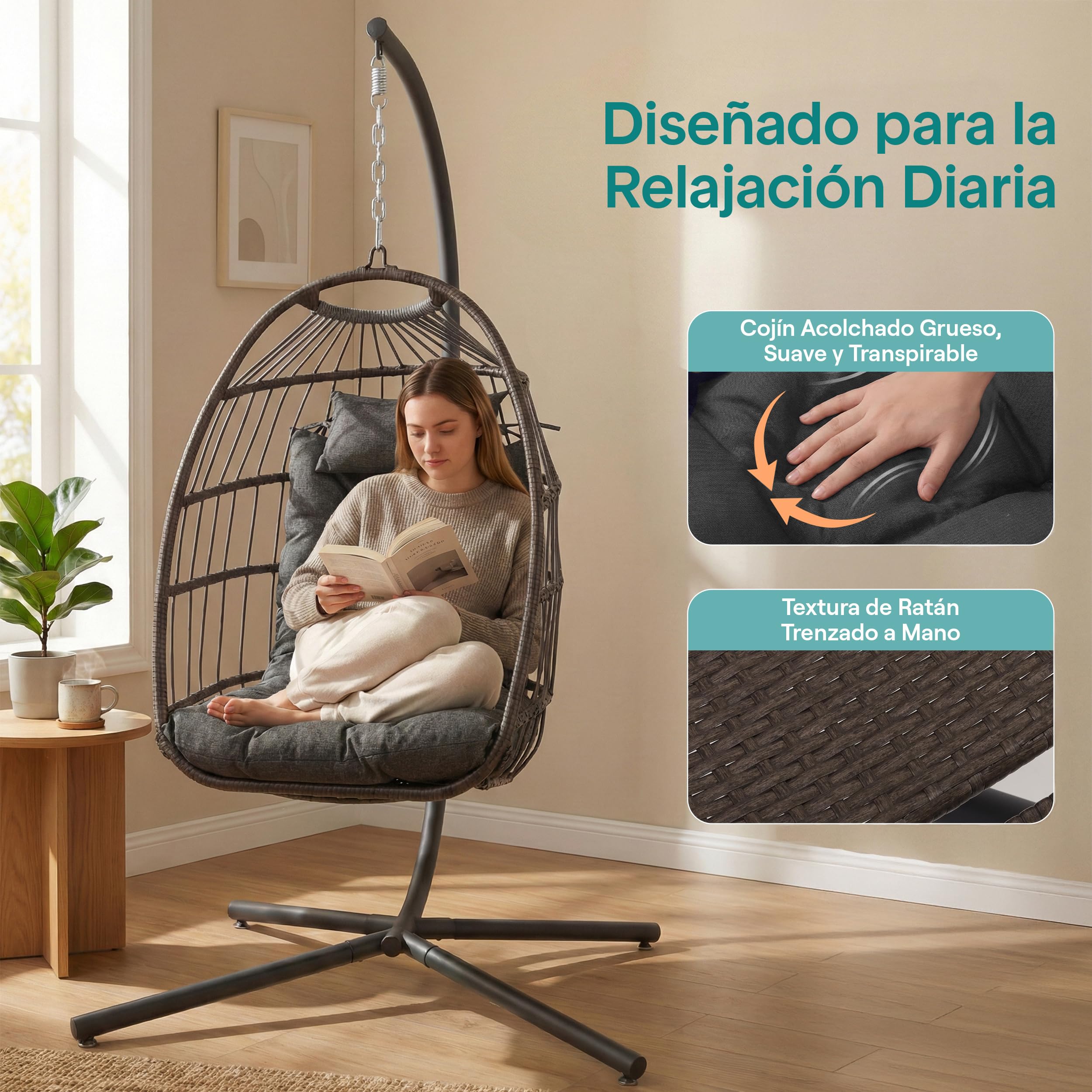 SereneLife Silla Huevo Colgante, con Soporte, Columpio, Estructura de Mimbre y Acero, Capacidad de hasta 250kgs