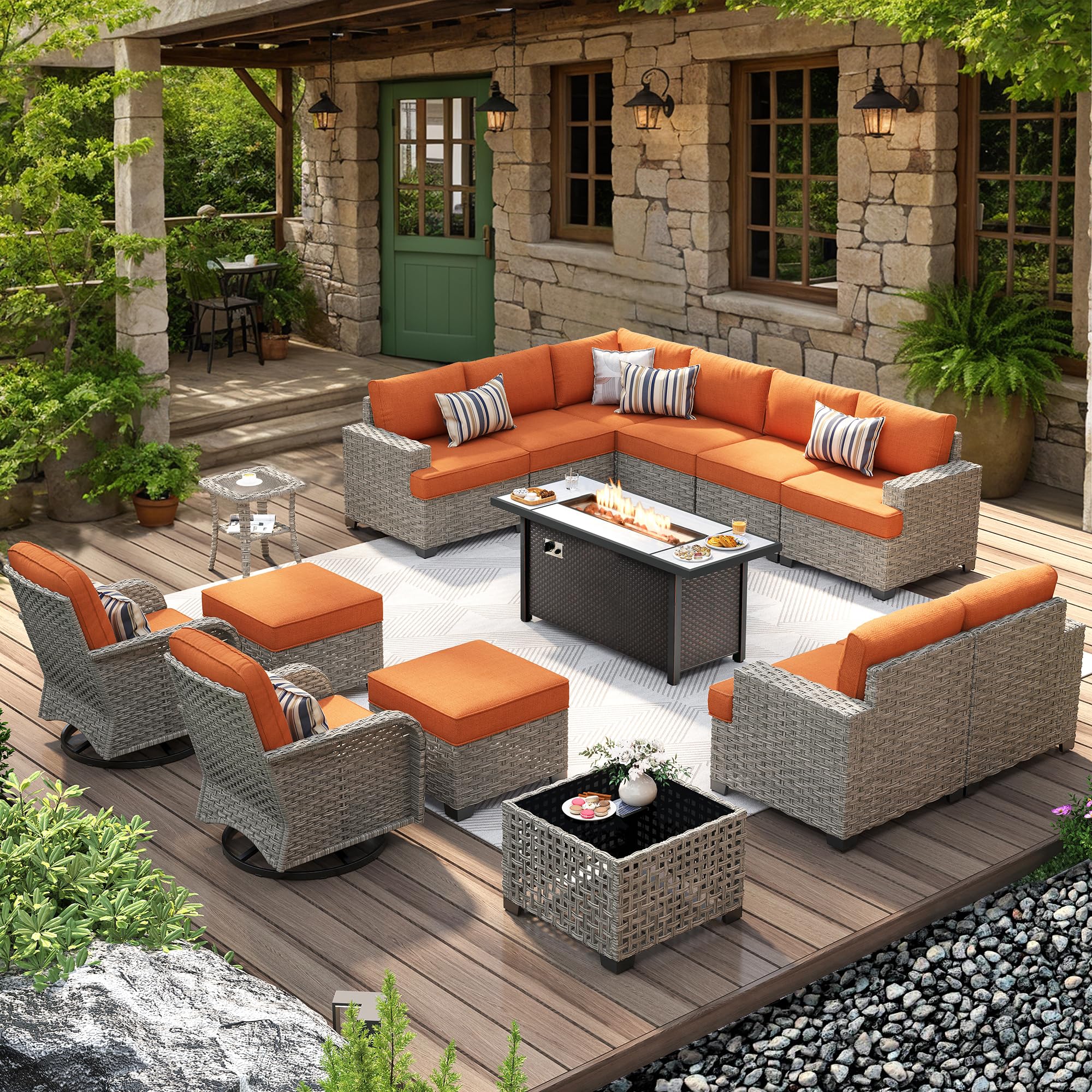 HOOOWOOO Outdoor Sectional Patio Furniture Set with Fire Pit Table,15 Pieces Wicker Conversation Sets L Shaped Couch,Extra Deep Out Door Sofa Outside