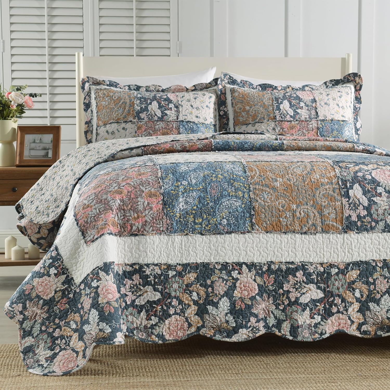 100% Cotton Quilt Queen Size, Multicolored Vintage Floral Quilt, Patchwork Bedspread Coverlet Set for Queen Bed, Ultra-Soft Breathable Lightweight Comforter Bedding Set