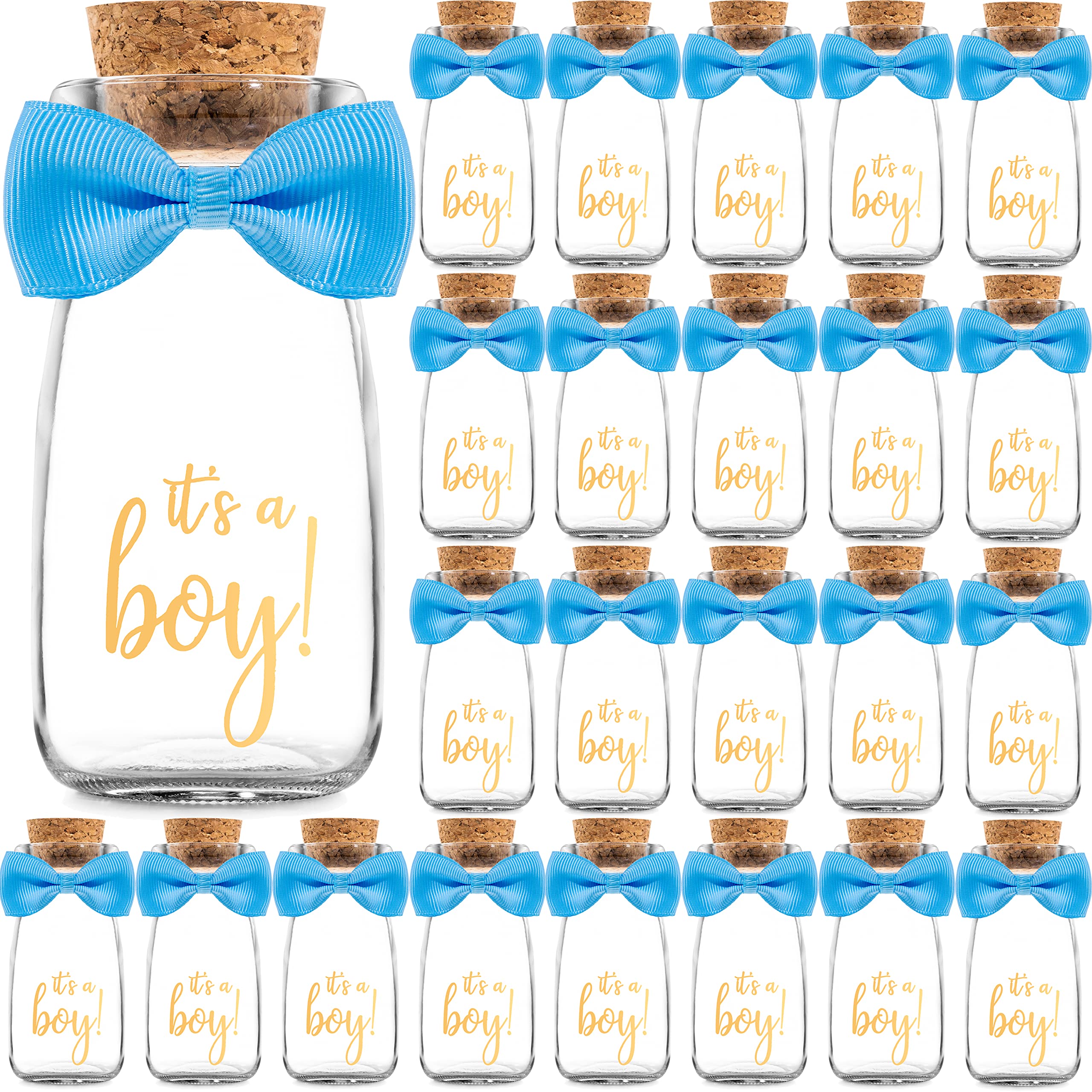 Small 24 Pack It's a Boy Milk Glass Bottles with Ribbons and Stickers - Vintage Baby Shower Favors for Guests and Table Centerpieces - Gender Reveal Boy Decorations - Baby Shower Candy Jar