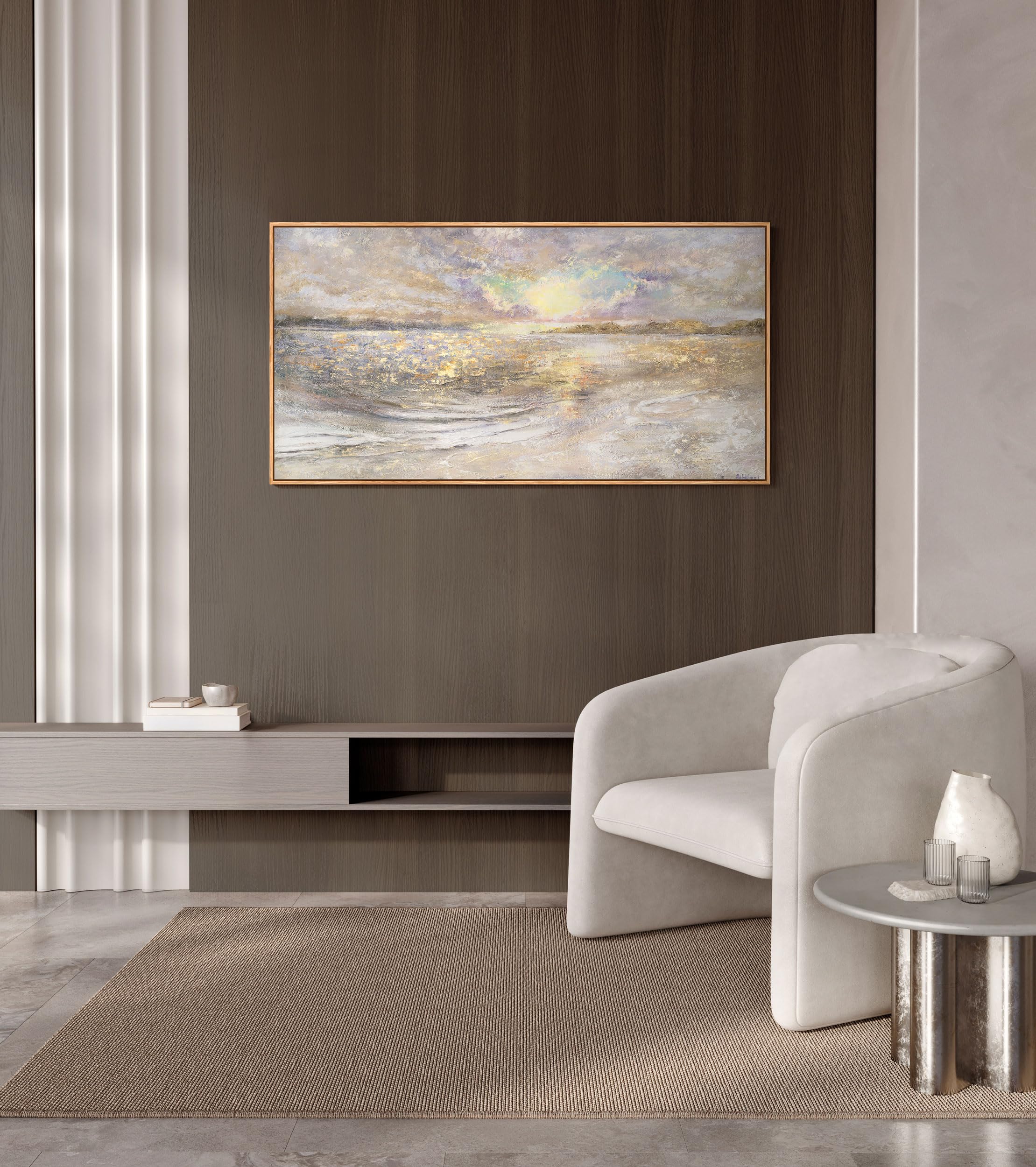 YS-Art Abstrakt Acryl Gemälde auf Leinwand handgemalt Meer Dämmerung Wandbilder Wohnzimmer moderne kraftvolle Natur Wohndekor Bilder echte Kunst mit Rahmen 160x80 cm