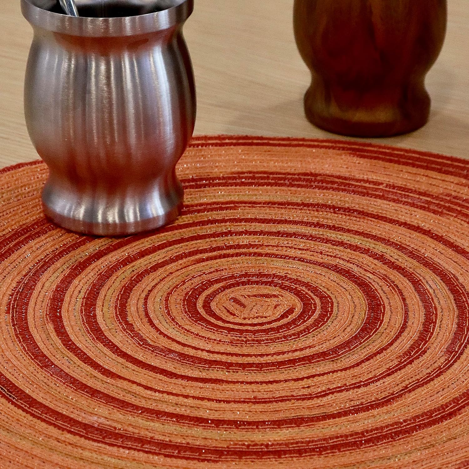 Youyi Table Placemats Set of 8, Round Place Mats 15 Inch Washable Heat Resistant Durable Woven Braided Placemats Table Mats for Dining, Dark Orange