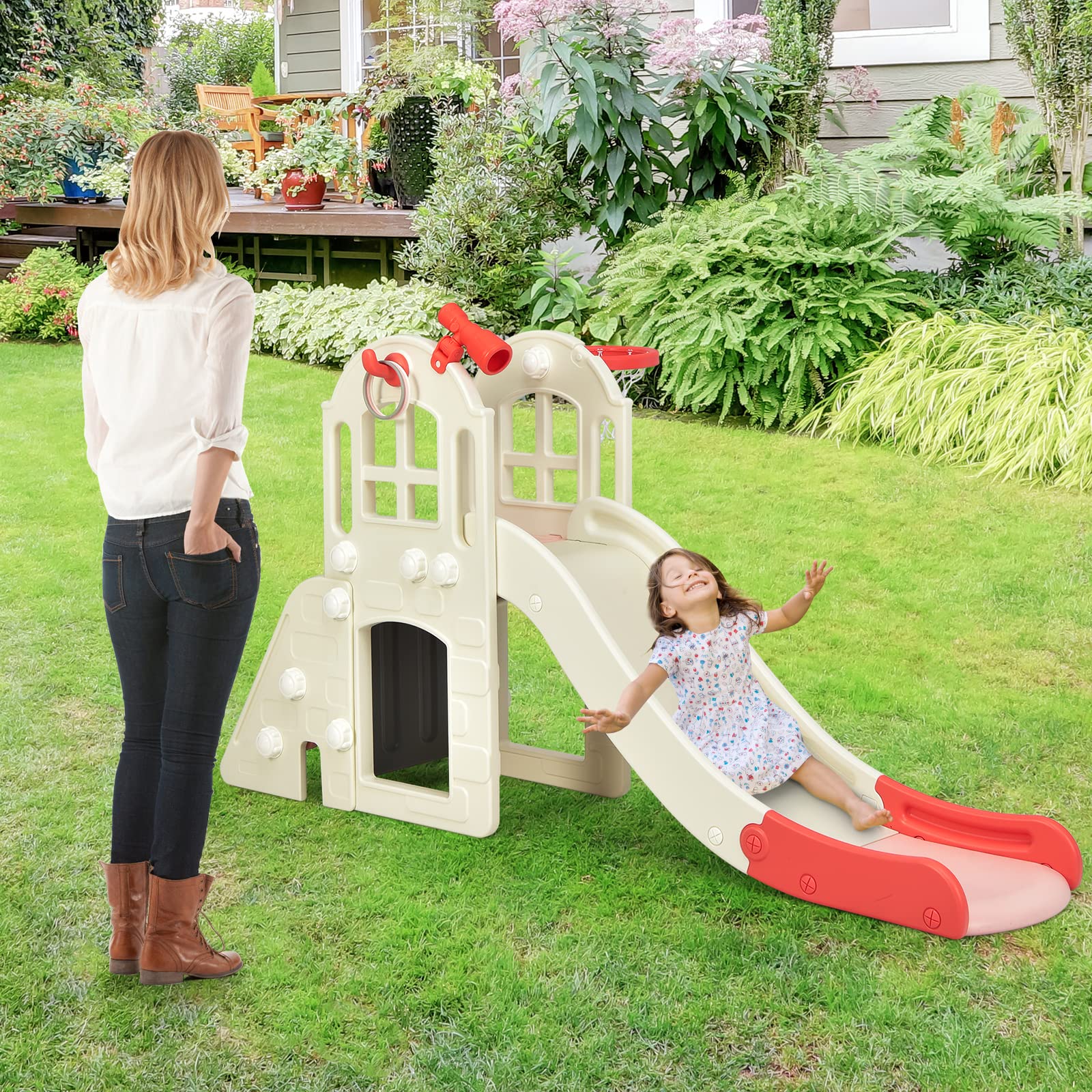 GOPLUS 6 in 1 Kinderrutsche mit Basketballkorb, Multifunktionale Babyrutsche mit 140cm Rutschbahn, Ringwurfspiel, Tunnel & Fernglas, Gartenrutsche aus HDPE mit Abnehmbarem Pedal für 3-8 Jahre (Rosa)