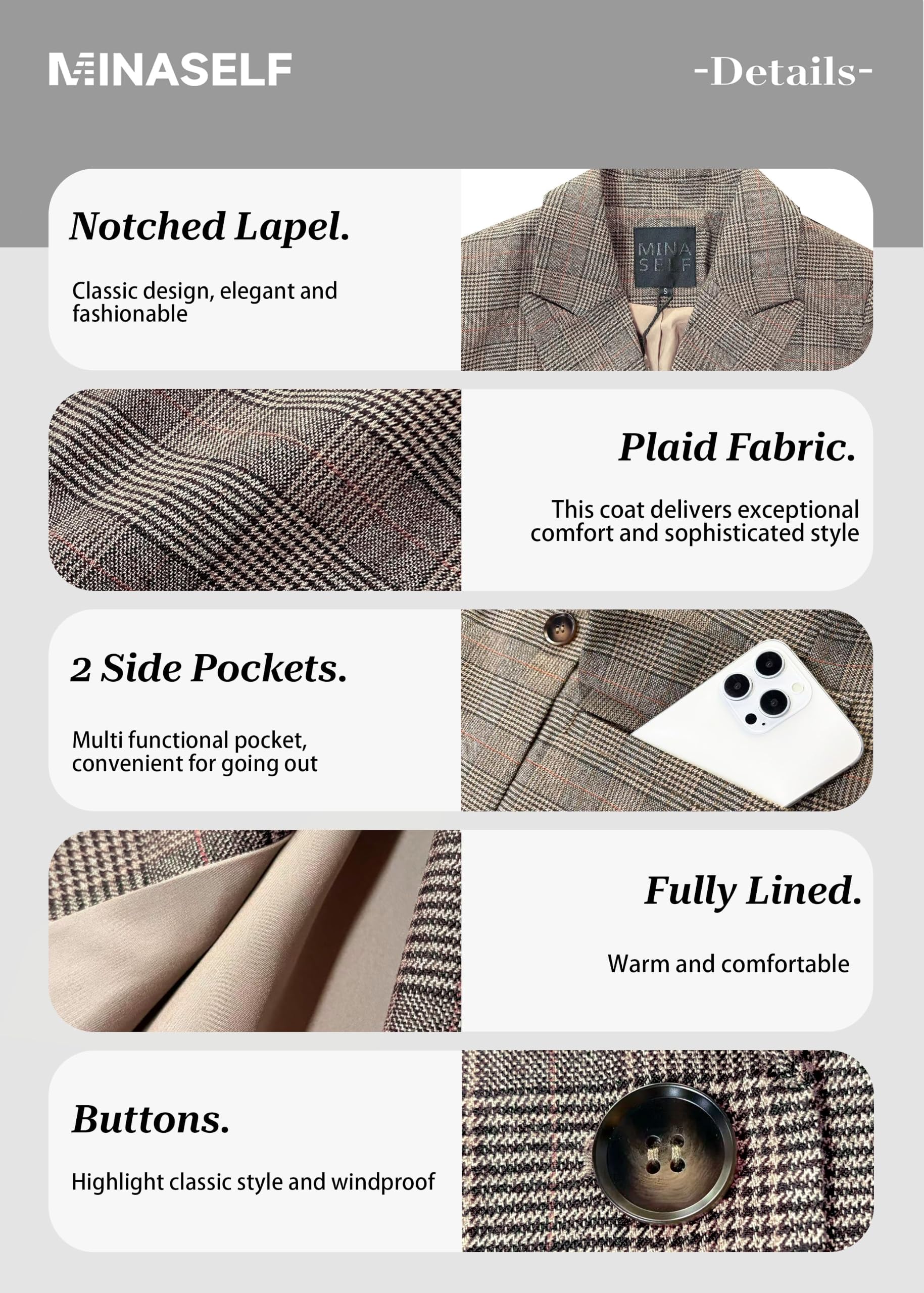 Mina Self 2025 Damen-Blazer mit Hahnentrittmuster und Karomuster, vollständig gefüttert, eleganter Business-Anzug, lässiger Büroanzug mit Taschen
