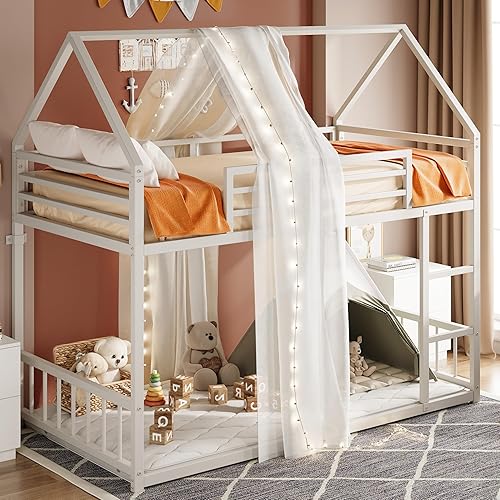 Miniatura 7 de LIKIMIO - Litera de camas individuales XL sobre individuales XL, base de cama de metal con escalera y barandilla, en forma de casa con listones de