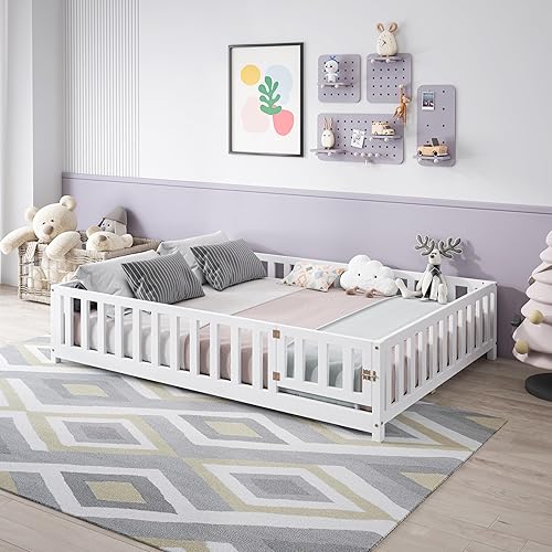 Miniatura 4 de Cama de madera resistente estilo Montessori para niños y niñas que aprenden a caminar, con materiales naturales con rieles y listones para mayor