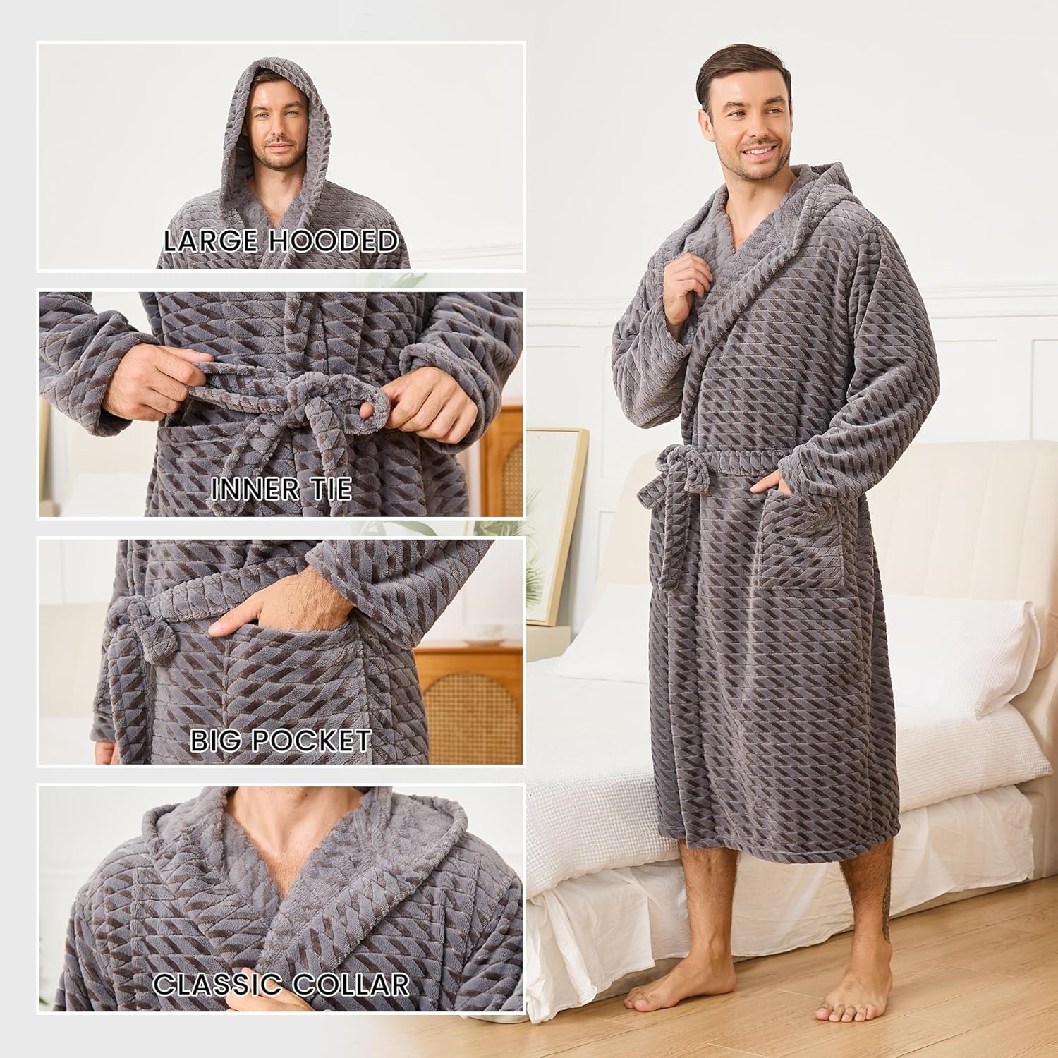 U2SKIIN Mens Plush Fleece Hooded Robe, Soft Warm Long Bathrobe with Pockets, Cozy Spa Shower Robe for Men - Image 4