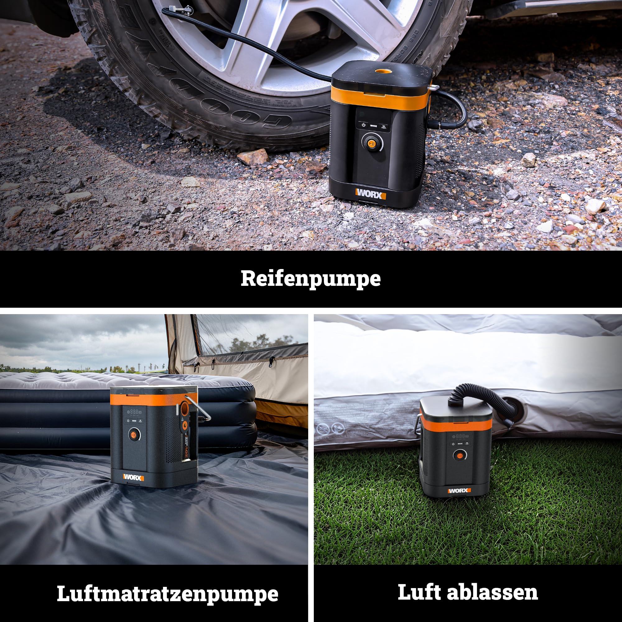 WORX WX098.9 Akku-Kompressor 20V, Multifunktions-Luftpumpe mit Hochdruck & Hochvolumen, Digitaldisplay, LED-Licht, max. 10,3 bar / 150 PSI, PowerShare kompatibel, ohne Akku & Ladegerät