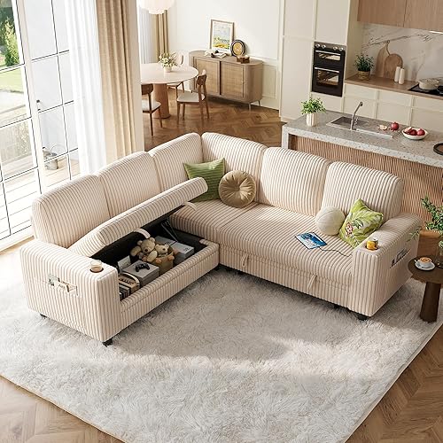 Miniatura 13 de LINSY HOME - Sofá cama extraíble modular con sección para dormir, con almacenamiento, sofá seccional de pana mullida para sala de estar, sofá cama