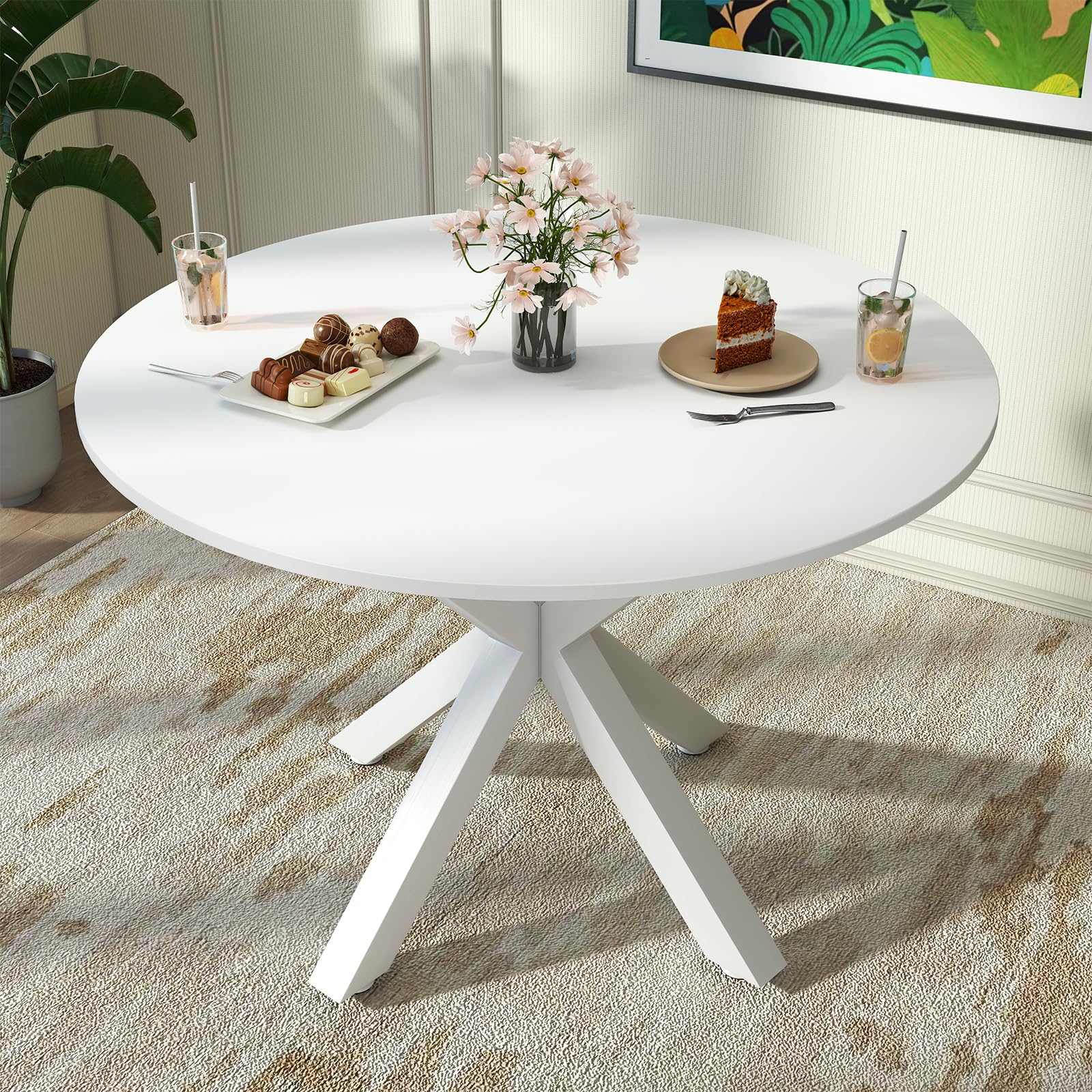 Round Dining Table for 4-6, 42" Modern Kitchen Dining Table with Metal Cross Legs, Small Round Dining Kitchen Tables for Home Dining Room, Apartment, Living Room, White