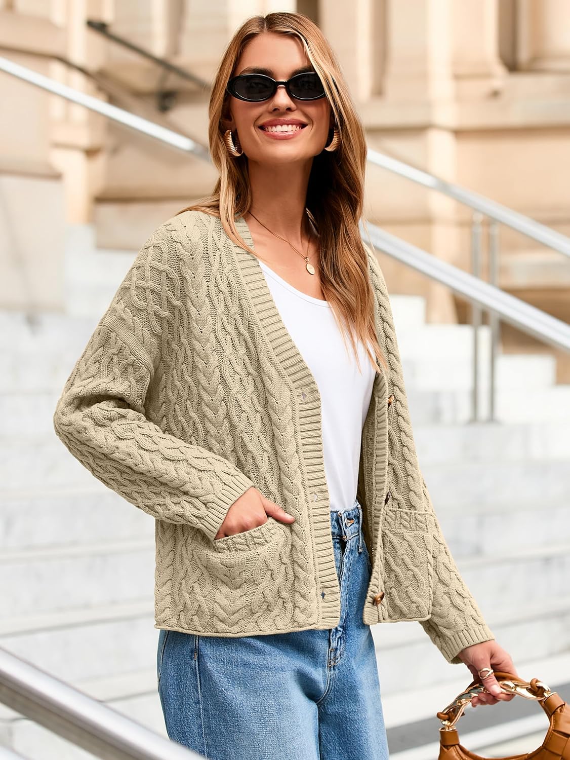 Simplee Womens Chunky Crochet Cardigan Long Sleeve Loose Cable Knit Oversized Sweater Button Up Outerwear Coats - Image 4