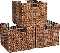 Vista 8 de Cesta de almacenamiento de mimbre de plástico de 12x12x10 pulgadas, cesta de almacenamiento de cubo de mimbre plegable para estantes, cesta