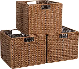 DINGTAI Wicker Storage Basket - Large Foldable Cube (12x12x10in), Brown