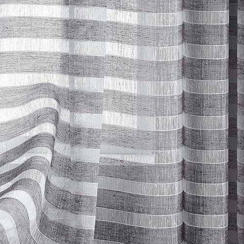 Miniatura 4 de Fragrantex Blue and White Striped Curtains for Bedroom and Living Room Linen Horizontal Stripe Window Drapes and Curtainse Light Filtering Voile