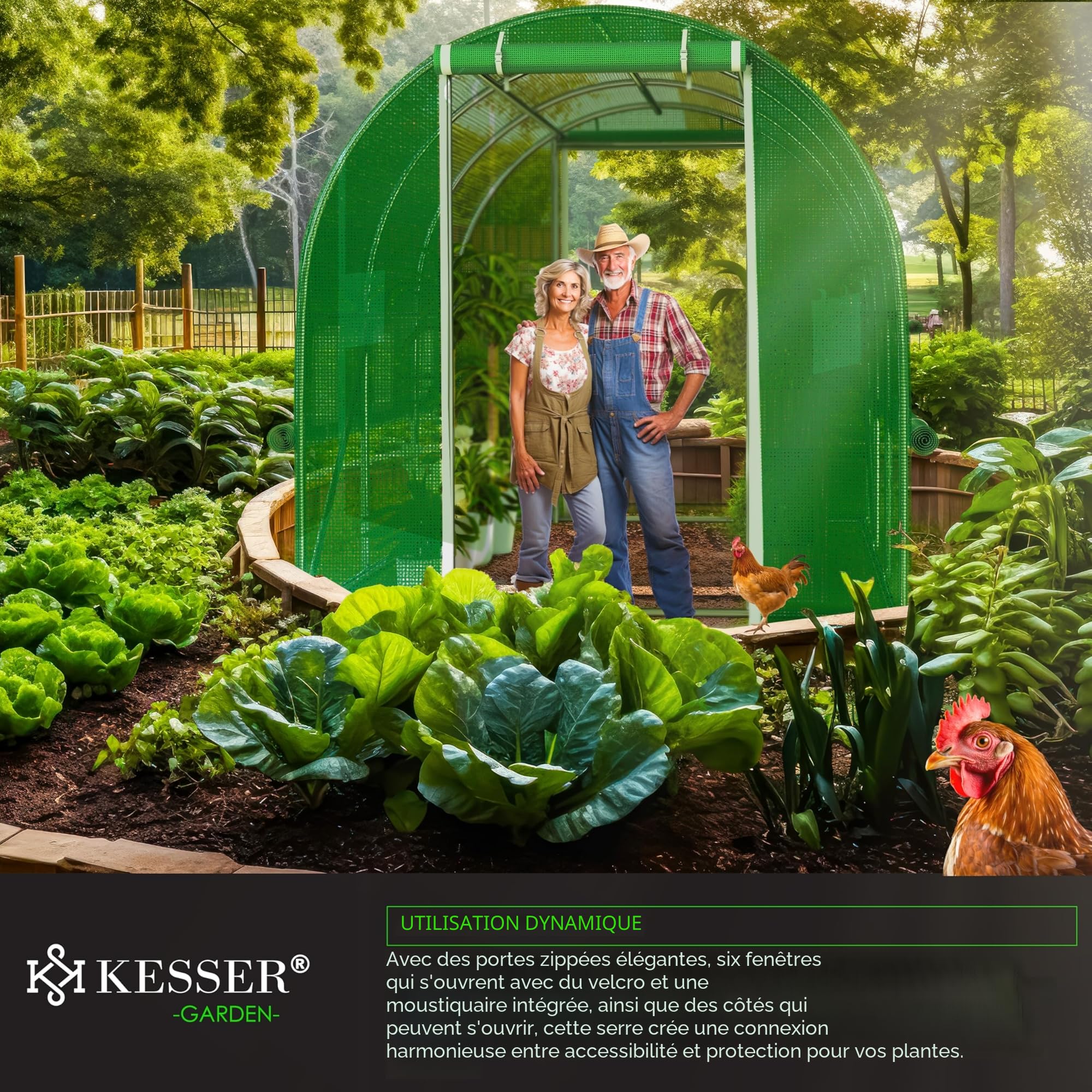 KESSER® Serre en film stable avec 6 fenêtres avec moustiquaire et porte | Tunnel de jardin avec cadre en acier galvanisé | Tunnel en film 170 g/m² avec piquets d'ancrage au sol gants et cordes | 200 x