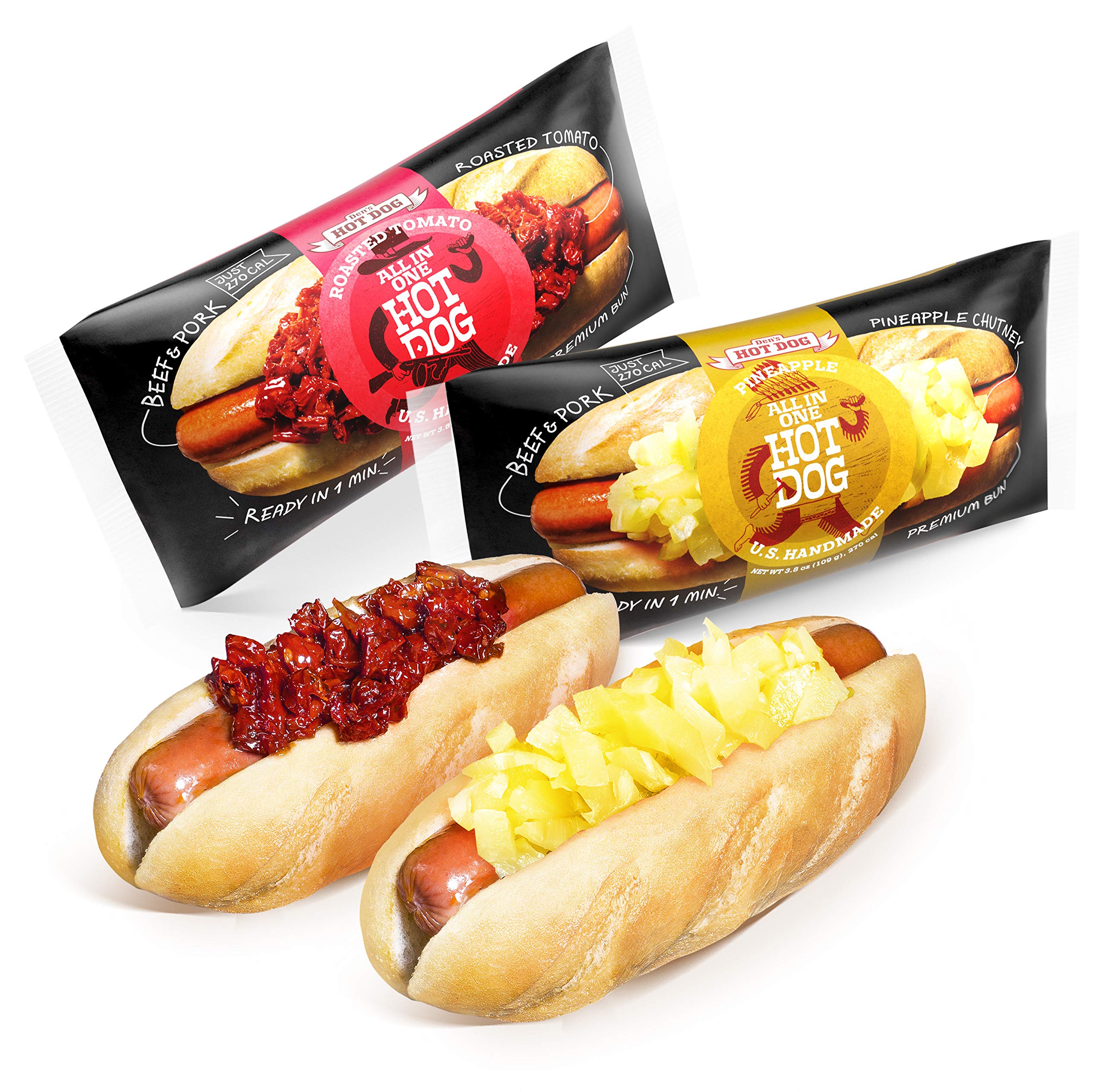 Buy Den’s Original Hot Dogs Roasted Tomato and Pineapple Chutney Variety Pack 280 Calories