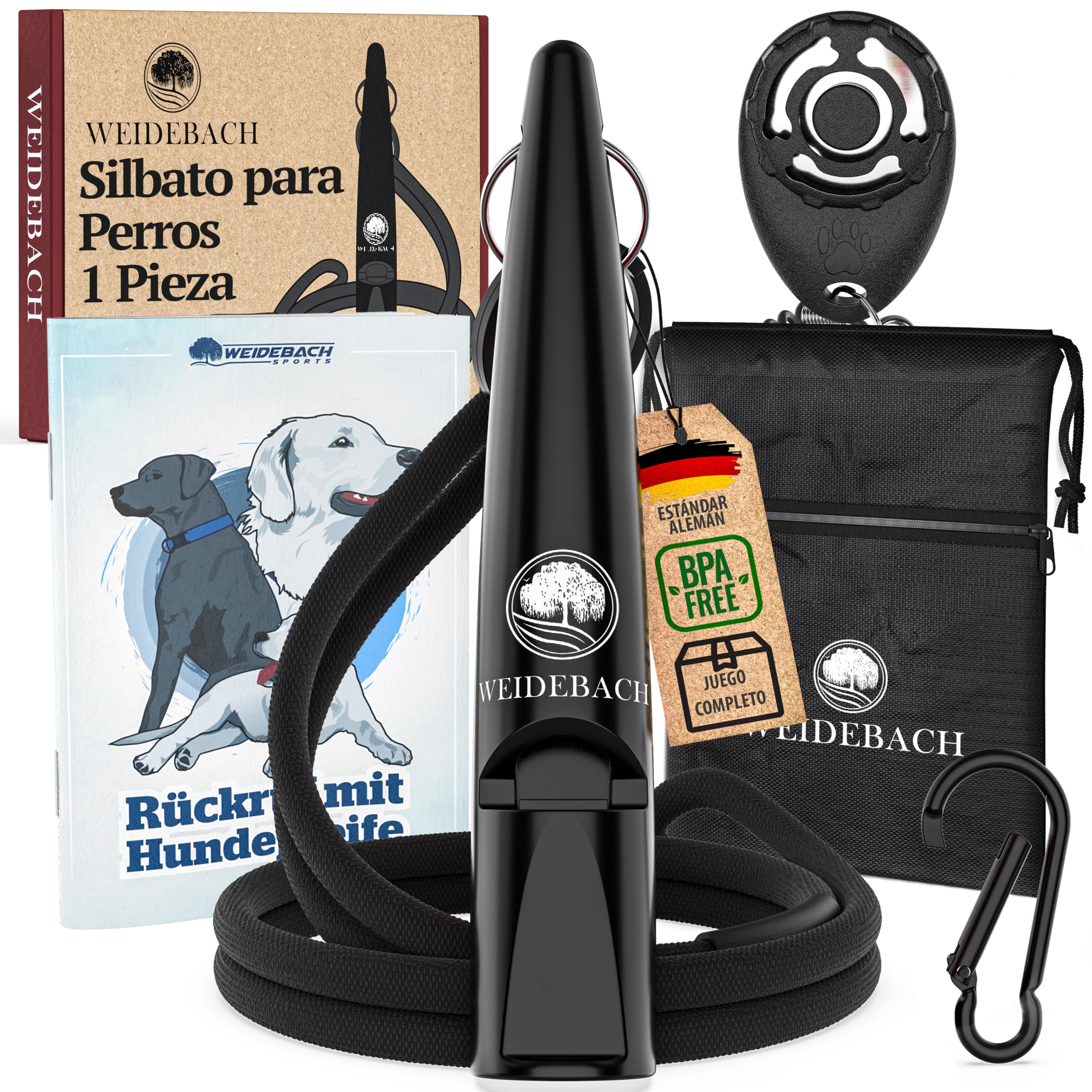 Weidebach® Silbato para Perros Mejorado 2.0 con Sonido más Estable y Fuerte, Incluye clicker, Bolsa para golosinas, estandarizado, Banda y Boquilla de Calidad, Entrenamiento de Llamada exitoso