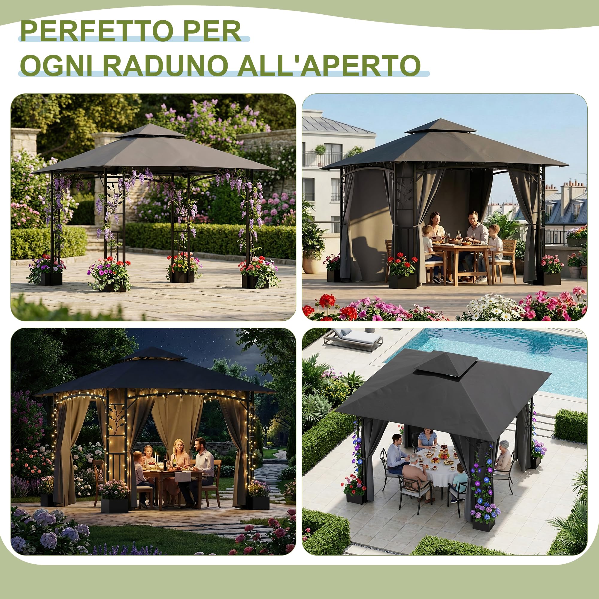 Devoko Gazebo Esterno Resistente 3.3x3.3 m con 4 Vasi per Fiori - Gazebo da Giardino in a Doppio Tetto Aerato, Struttura Fogliata, Tende Rimuovibili, Protezione UV & Impermeabile per Esterno