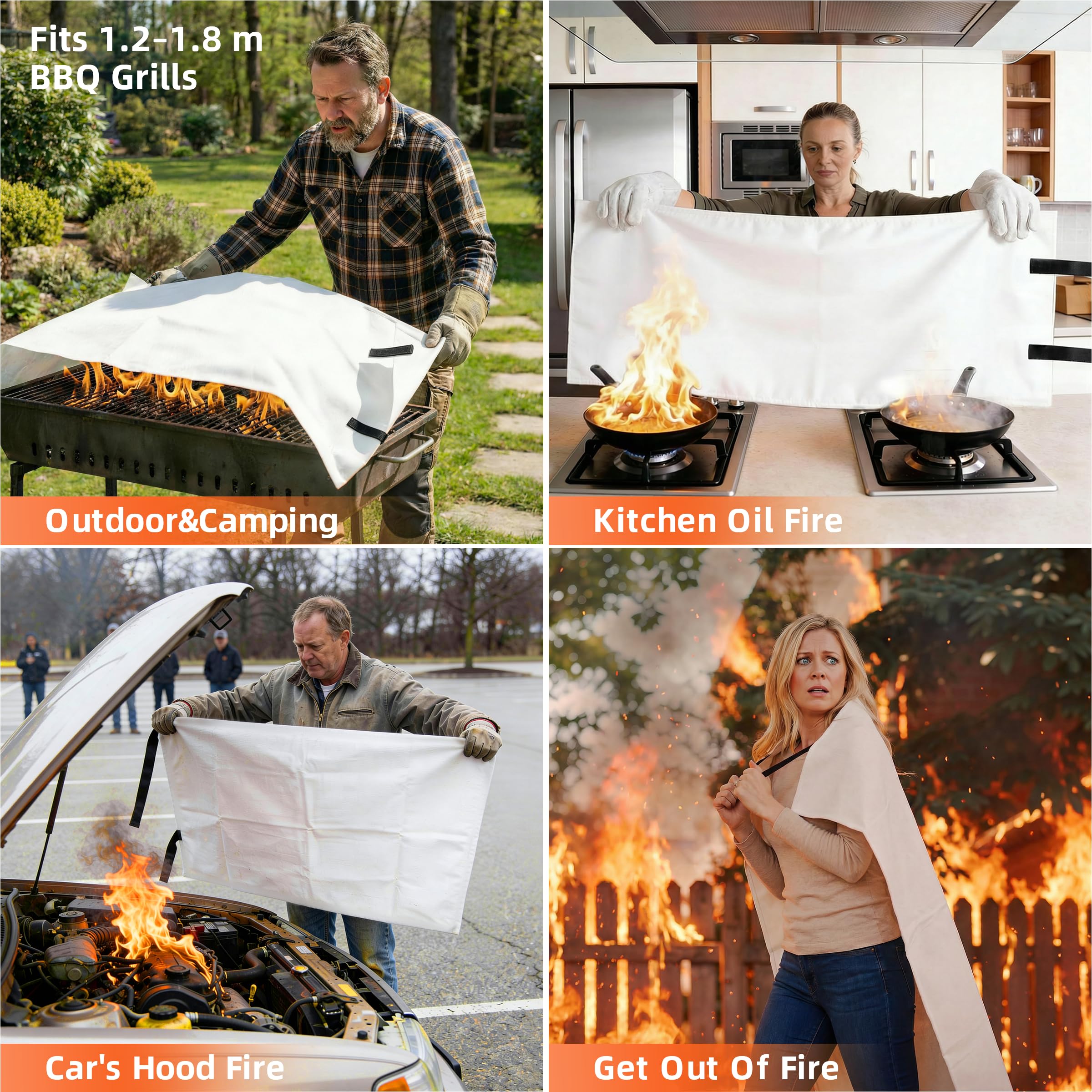 Feuerlöschdecke – 119,4 x 180,3 cm vorbereitete Notfall-Feuerdecke für Zuhause und Küche, Wohnmobil, Grill, Kamin, sicher und einfach für junge Erwachsene und ältere Menschen, die allein