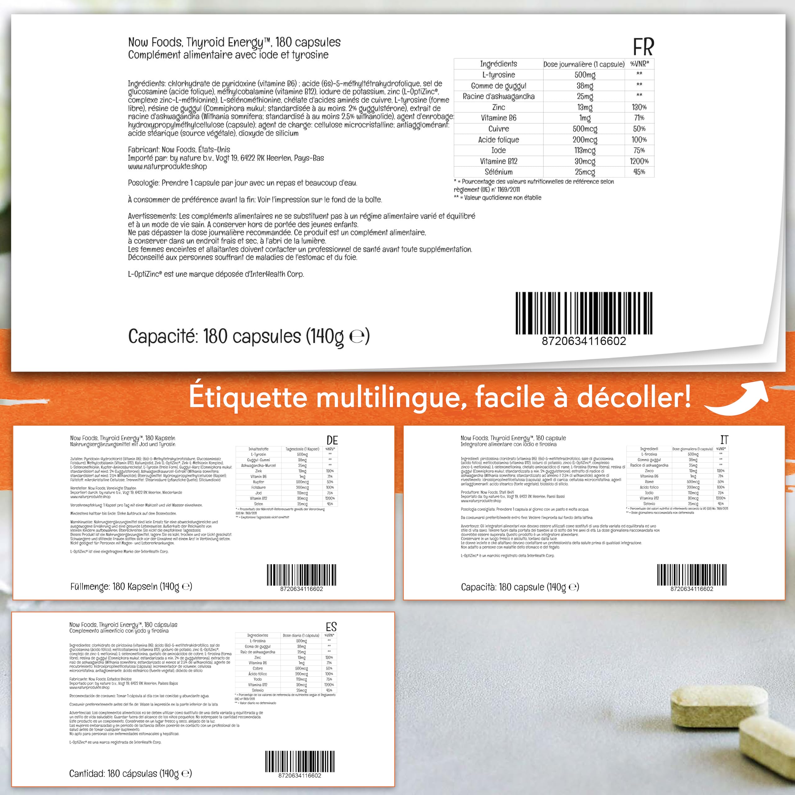 Now Foods, Thyroid Energy, avec Iode et L-Tyrosine, 180 Capsules végétaliennes, Sans Soja, Sans Gluten, Végétarien, Sans OGM