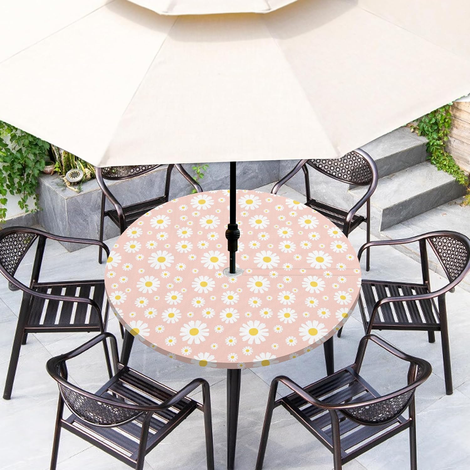 Daisy Flowers Pink Outdoor Tablecloth with Umbrella Hole Round Waterproof Fitted Zippered Table Cover with Elastic for Picnic, Patio, Garden (45-56 in)