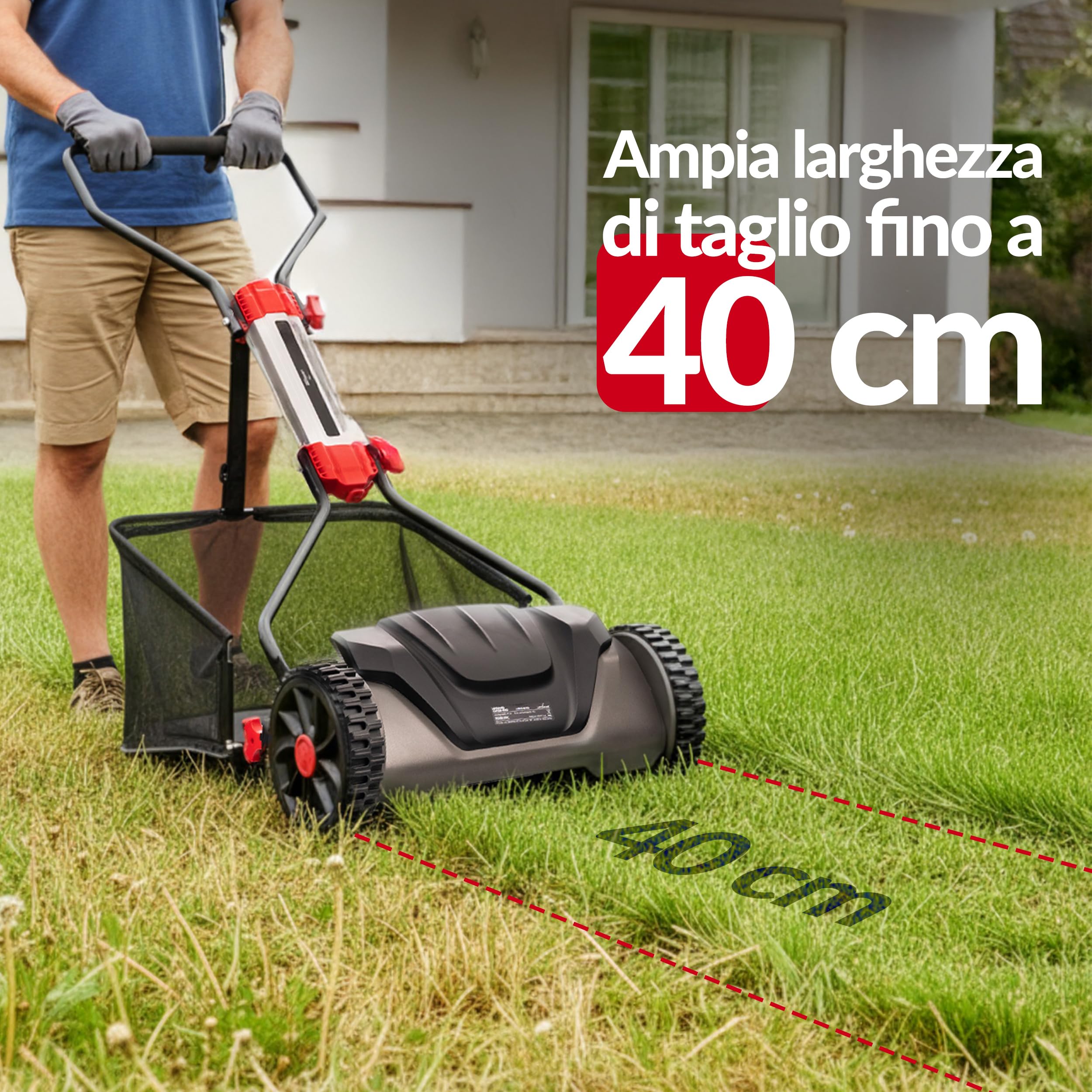 LEHMANN Tagliaerba a rullo 40 cm con cesto 30 L – Tagliaerba manuale a spinta per erba, senza elettricità, meccanico con 5 lame, altezza di taglio regolabile 15–42 mm, manico pieghevole