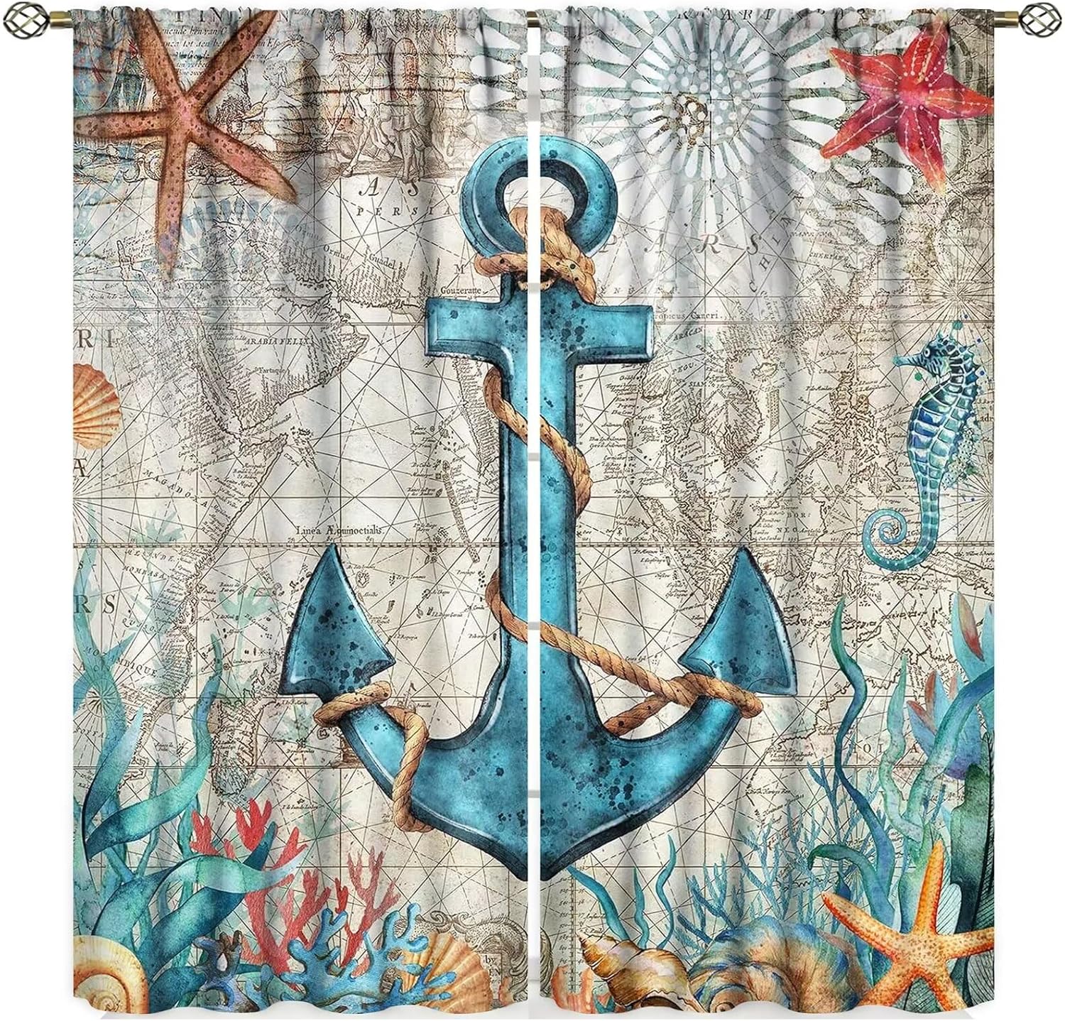 Sea Turtles Curtains Tropical Ocean Beach Teal Turtles Starfish Coral Reef Nautical Map Decor Bedroom Living Room Window Drapes 2 Panel Set, 52"x84" Decor