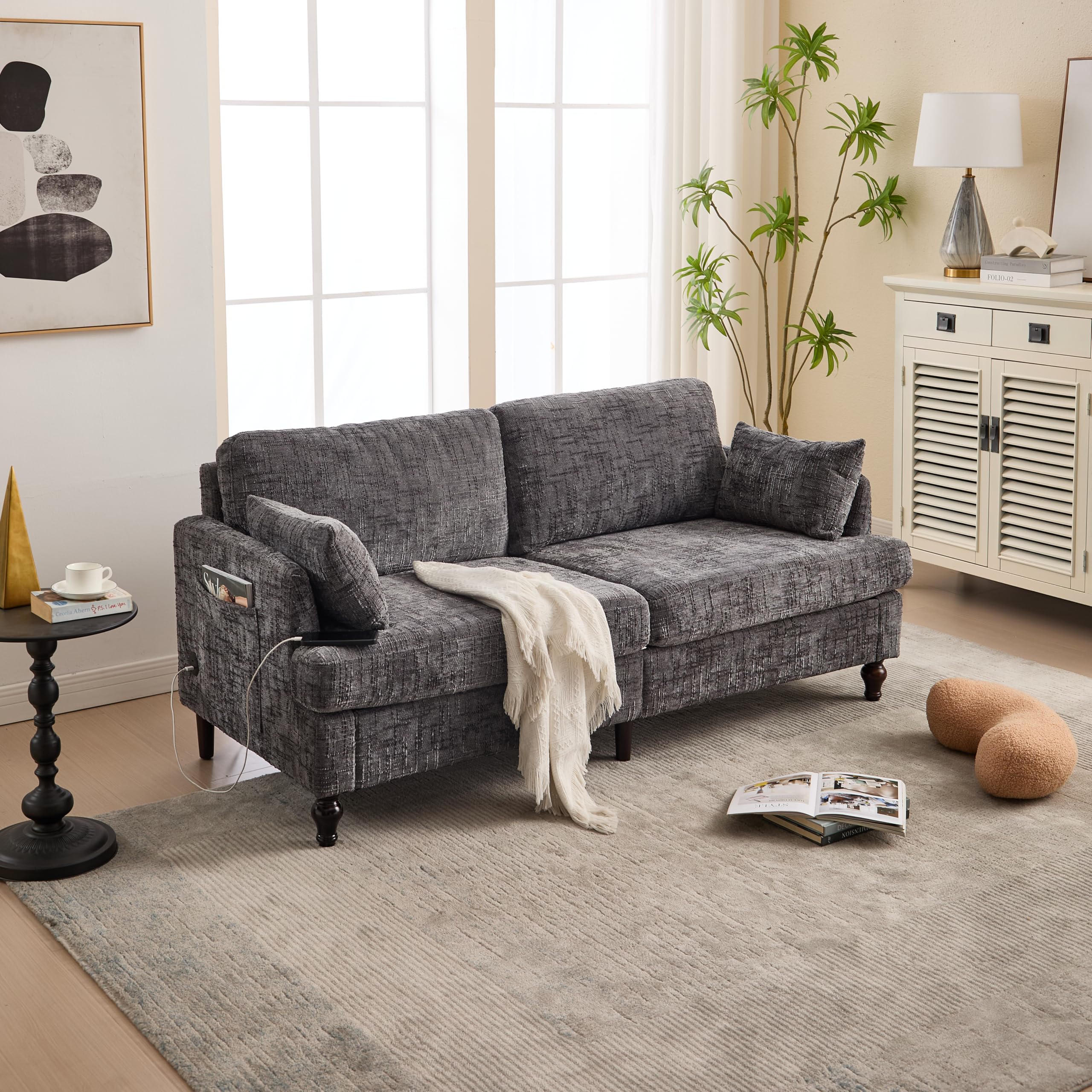 vutizal 2 Sitzer Sofa Couch Loveseat mit USB LED, Chenille Sofa mit Seitentasche Holzbeinen Schaumstoffpolsterung für Schlafzimmer Arbeitszimmer Wohnzimmer, 175x83x78 cm, Grau