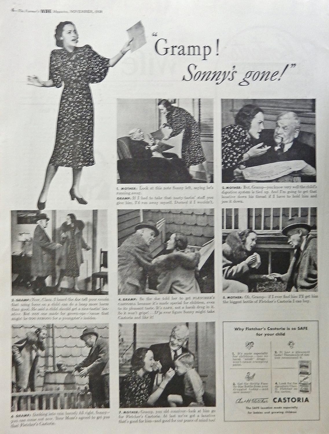 Fletcher's Castoria Print Ad. 30's B&W Illustration (Gramp