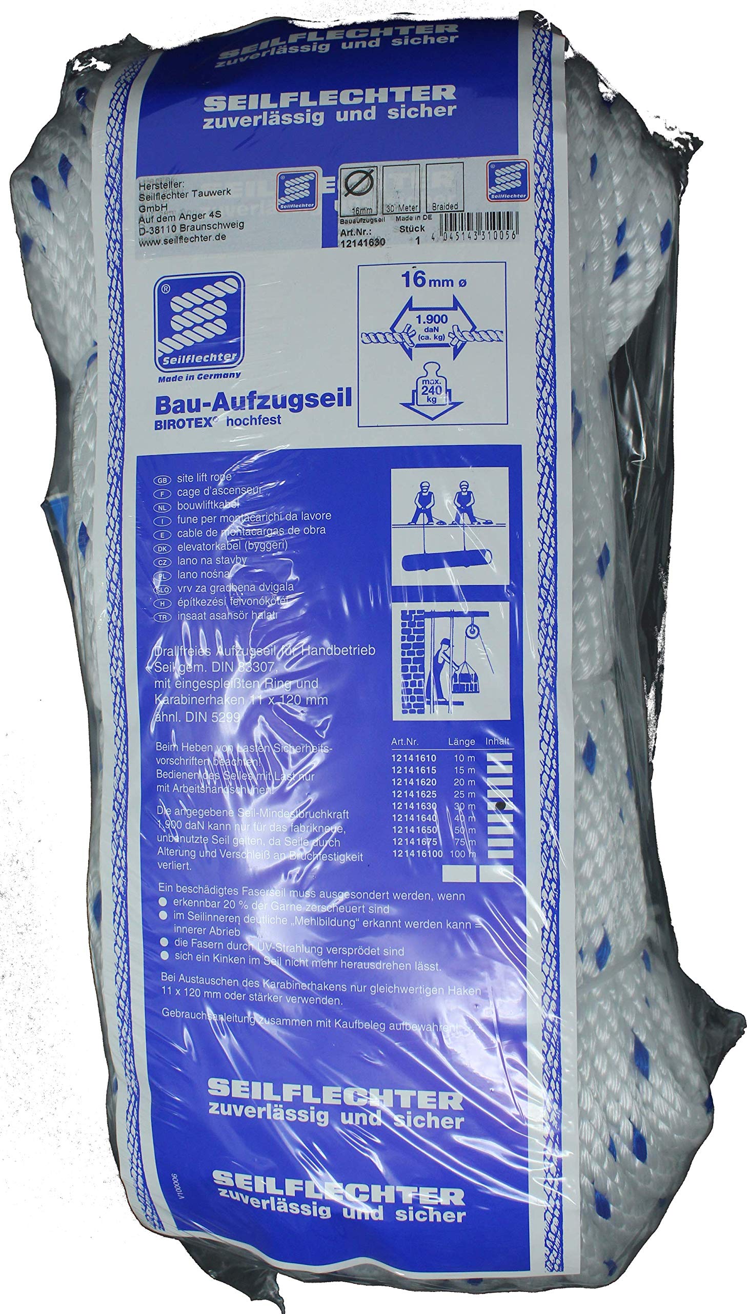 SEILFLECHTER - Corde pour ascenseur de chantier Spiral-Birotex® | Corde polyvalente pour usage privé, artisanal et industriel avec Ø 16 mm, 30 m, avec anneau et mousqueton