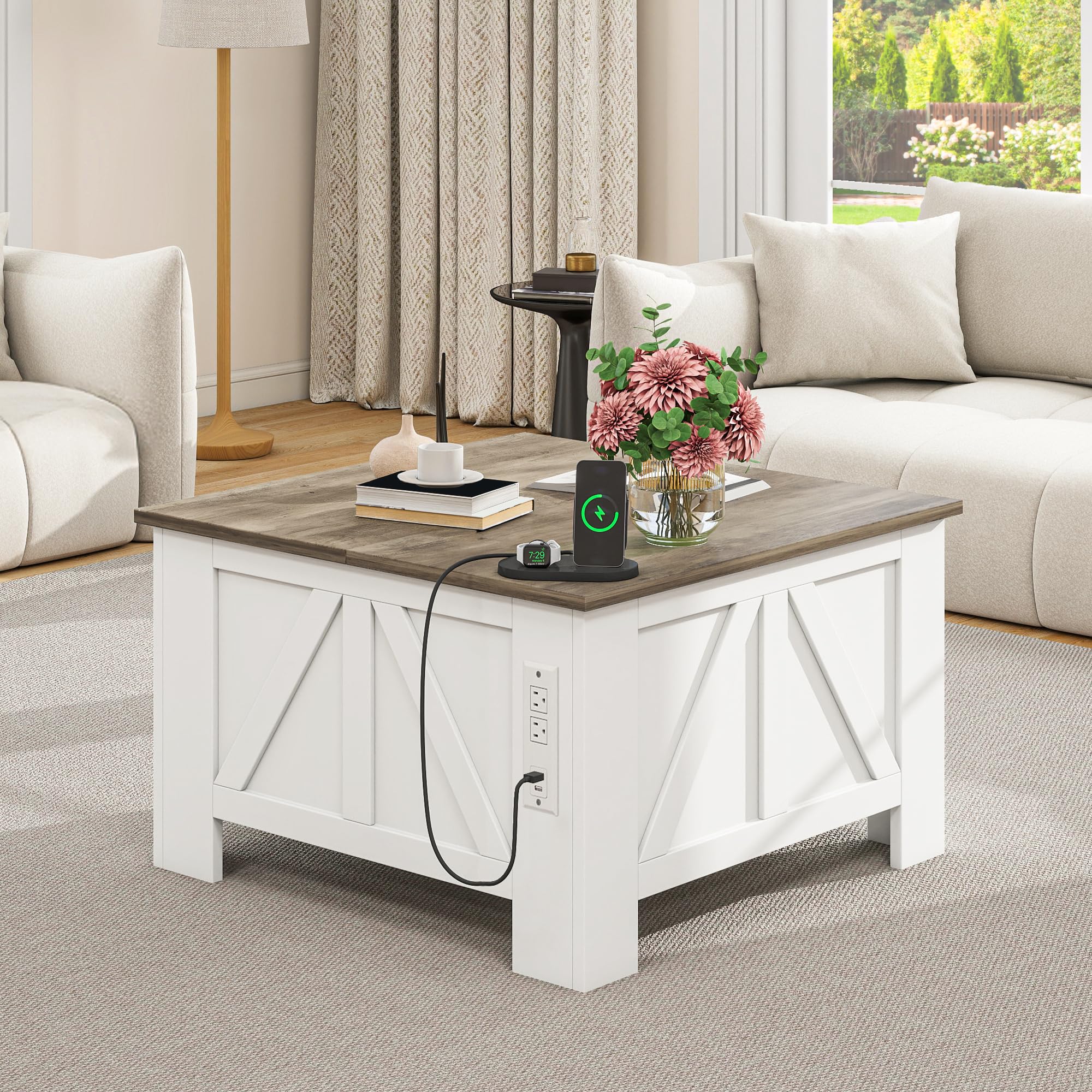 YITAHOME Farmhouse Lift Top Coffee Table With Storage & Charging Station - White Wood Square Table For Living Room