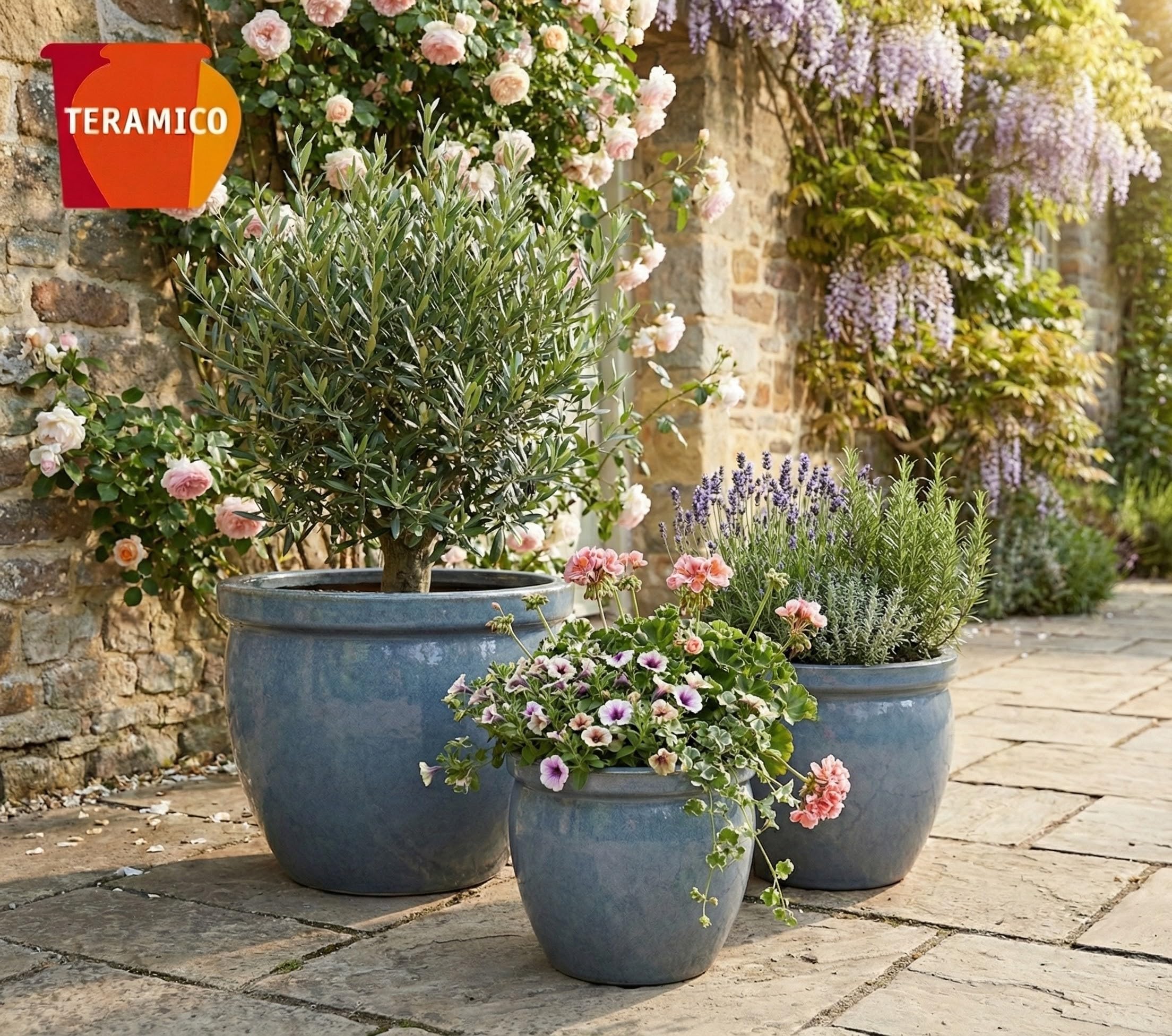 Teramico Premium Keramik Pflanzkübel Garten (Oktober Grau, 37cm x 31cm) | Massiv gearbeitet und absolut frostfest. Von Hand gefertigtes Pflanzgefäß mit Abwasserloch für Garten und Terrasse.
