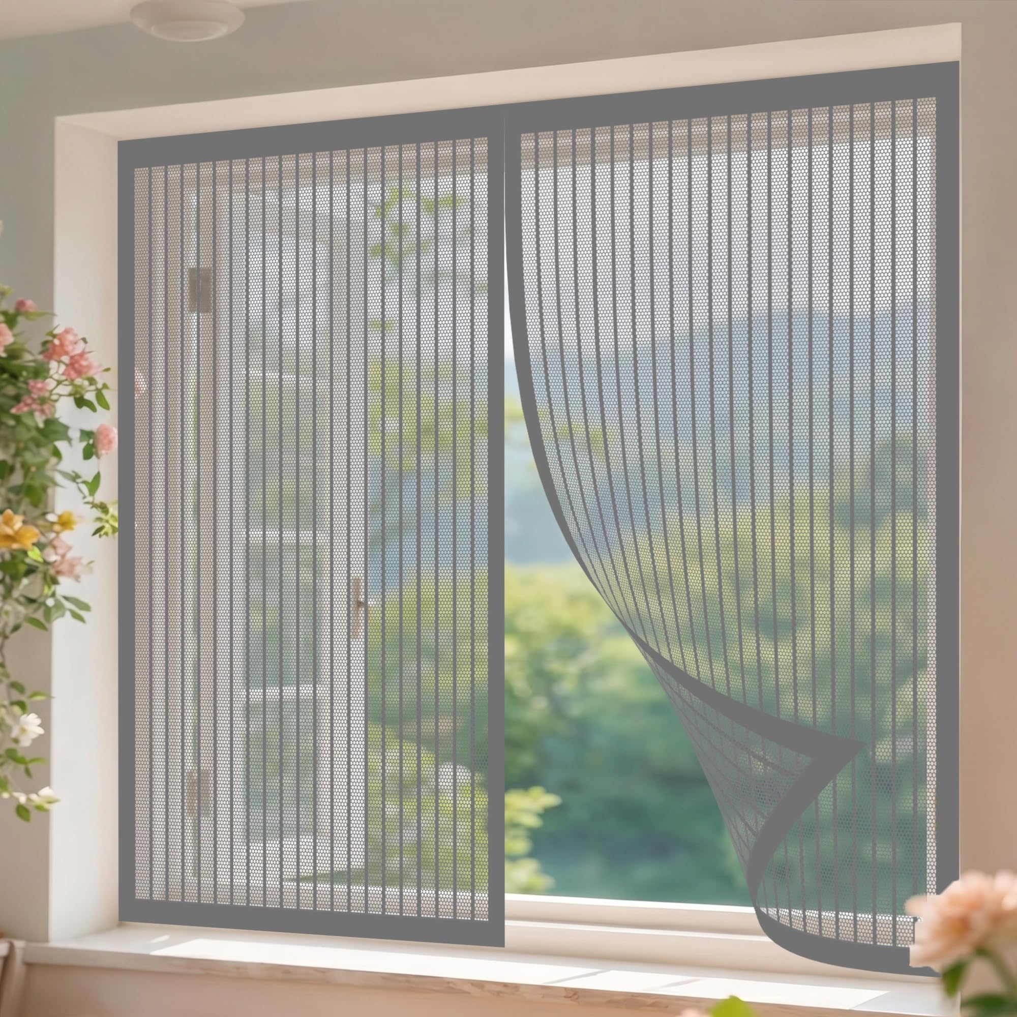 Magnetic Window Screen 154 x 145 cm Easy Installation Bug Net Fly Screen Window Nets Excellent Airflow for Windows, Grey