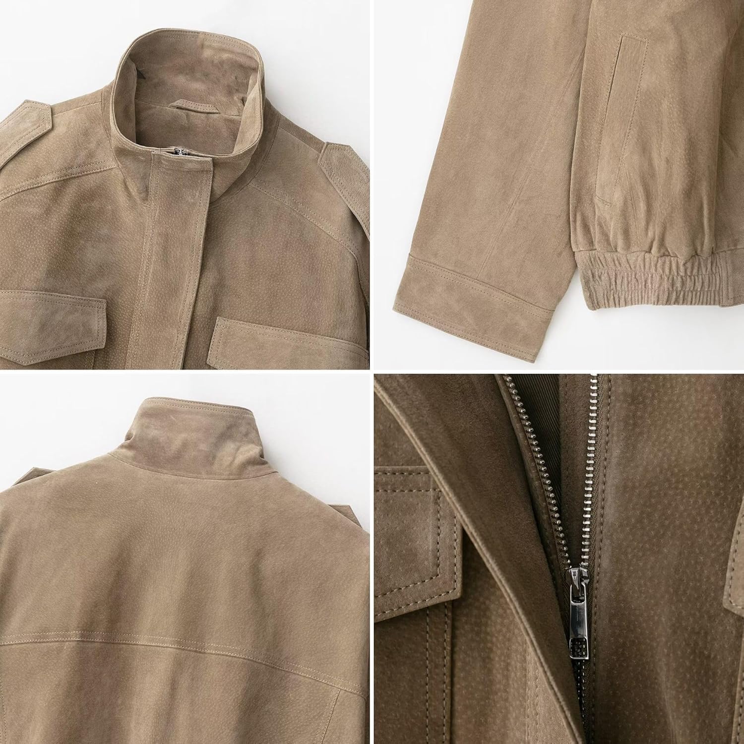 FindThy Women’s Suede Leather Jacket Vintage High Collar Long Sleeve Zip Up Oversized Outerwear Coat with Pockets - Image 5