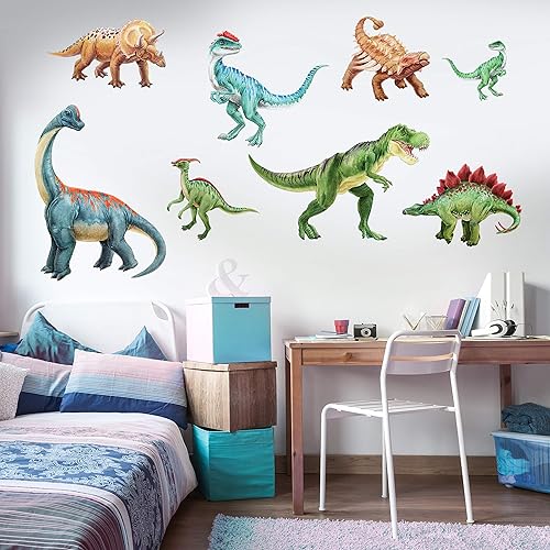 Miniatura 2 de Kit de calcomanías de pared de acuarela de dinosaurio, calcomanías grandes de tiranosaurio Rex y braquiosaurio para habitaciones de niños Chromantics