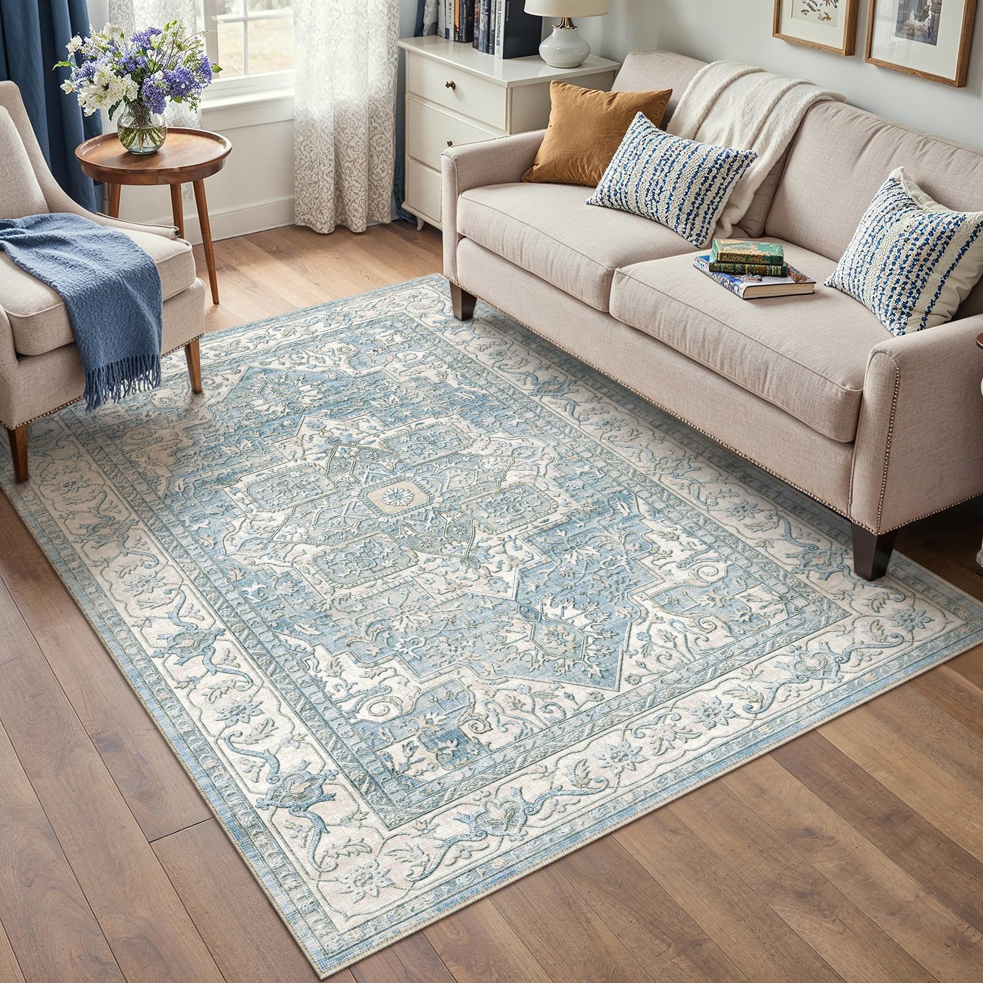 PureCozy Vintage Blue Rugs Living Room Area Rug 120x170cm Washable Non Slip Carpet Bedroom Bedside Office Kitchen Dining Room Indoor Low Pile Soft Large Retro Carpets โ image 1