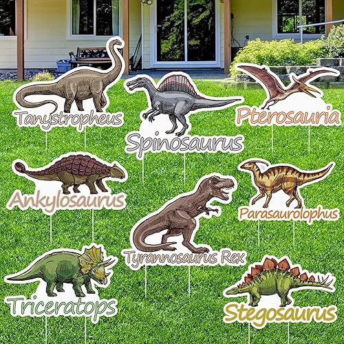 8 letreros de dinosaurio para patio, decoración de césped al aire libre, impermeables, de plástico corrugado con estacas para niños, suministros de