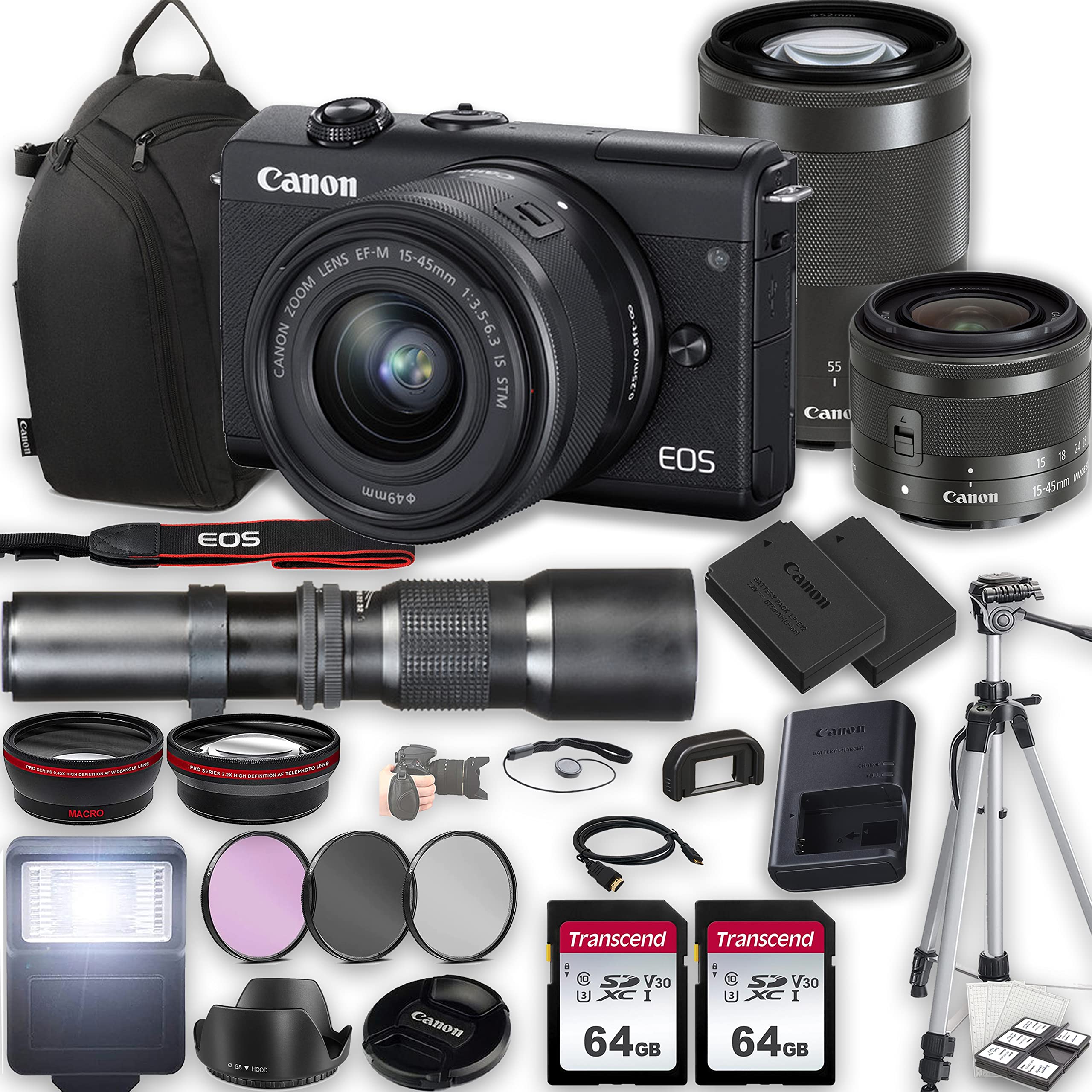 Canon EOS M200 Mirrorless Camera w/EF-M 15-45mm f/3.5-6.3 is STM Lens + EF-M 55-200mm f/4.5-6.3 is STM Lens + 500mm f/8 Focus Lens + 2X 64GB Memory + Case + Filters + Tripod +More (35pc Bundle)