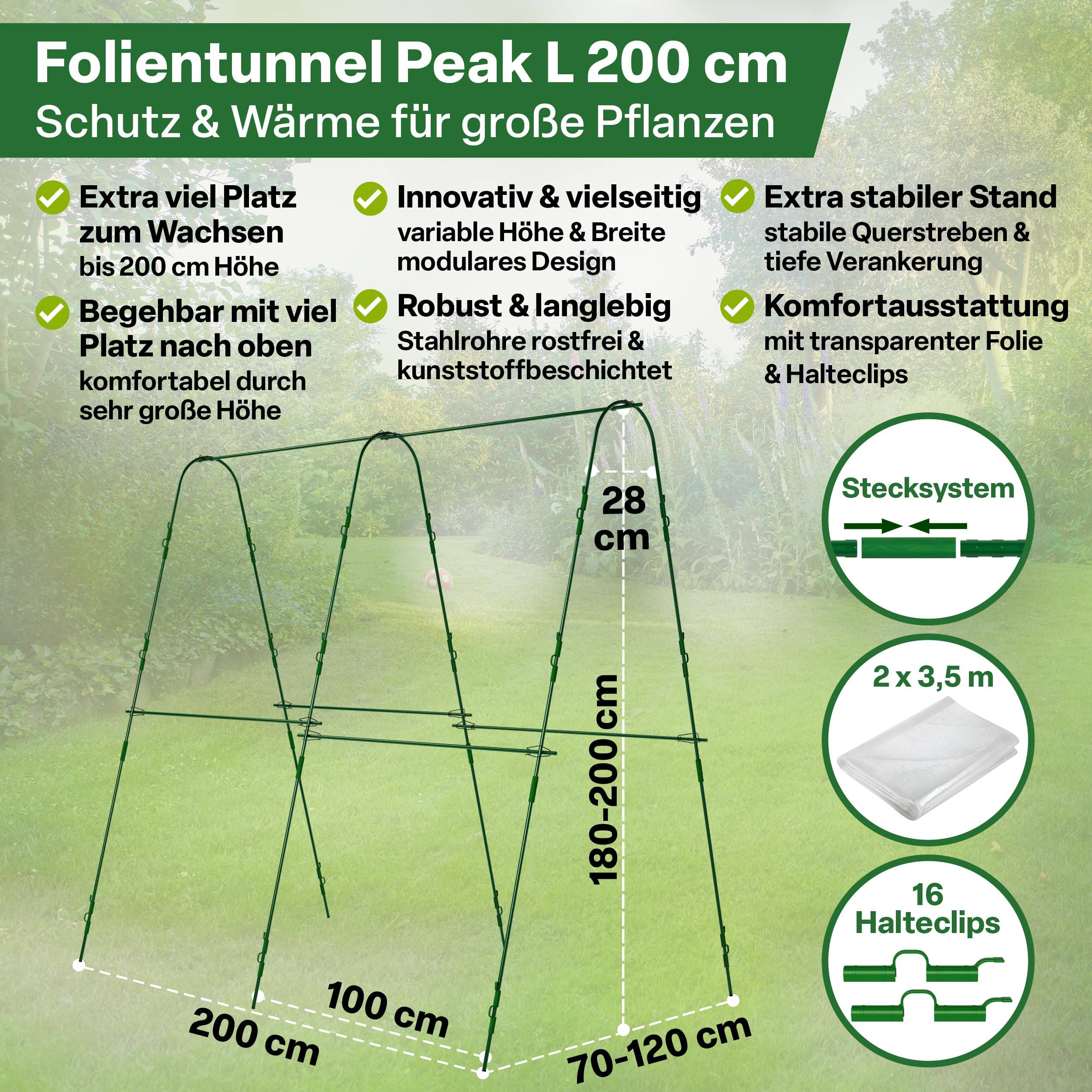 TTL GARDEN Peak L 200 Folientunnel & Tunnelbogen - Pflanztunnel mit Folie, Beetabdeckung für große Pflanzen 2m hoch, 1,20m breit, 2m lang, Folien Tunnel Bögen System, Stahl rostfrei Tomaten Bohnen