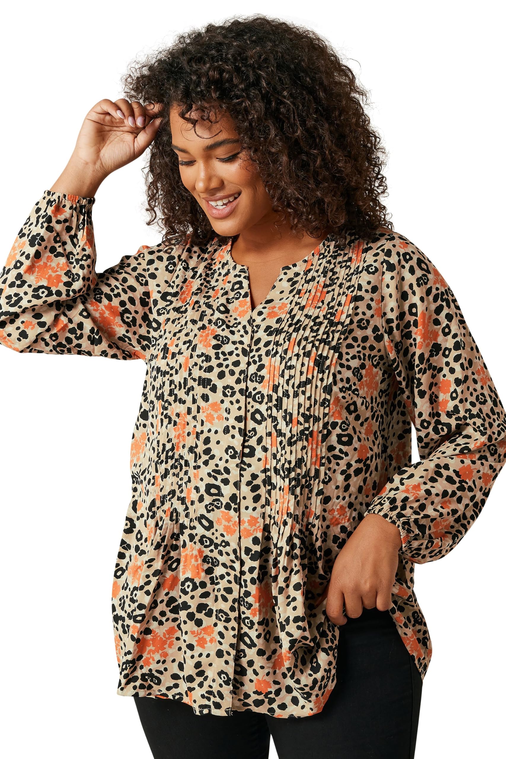 Evans Women's Brown Curve Natural Leopard Print Pintuck Blouse - Plus Size Curve