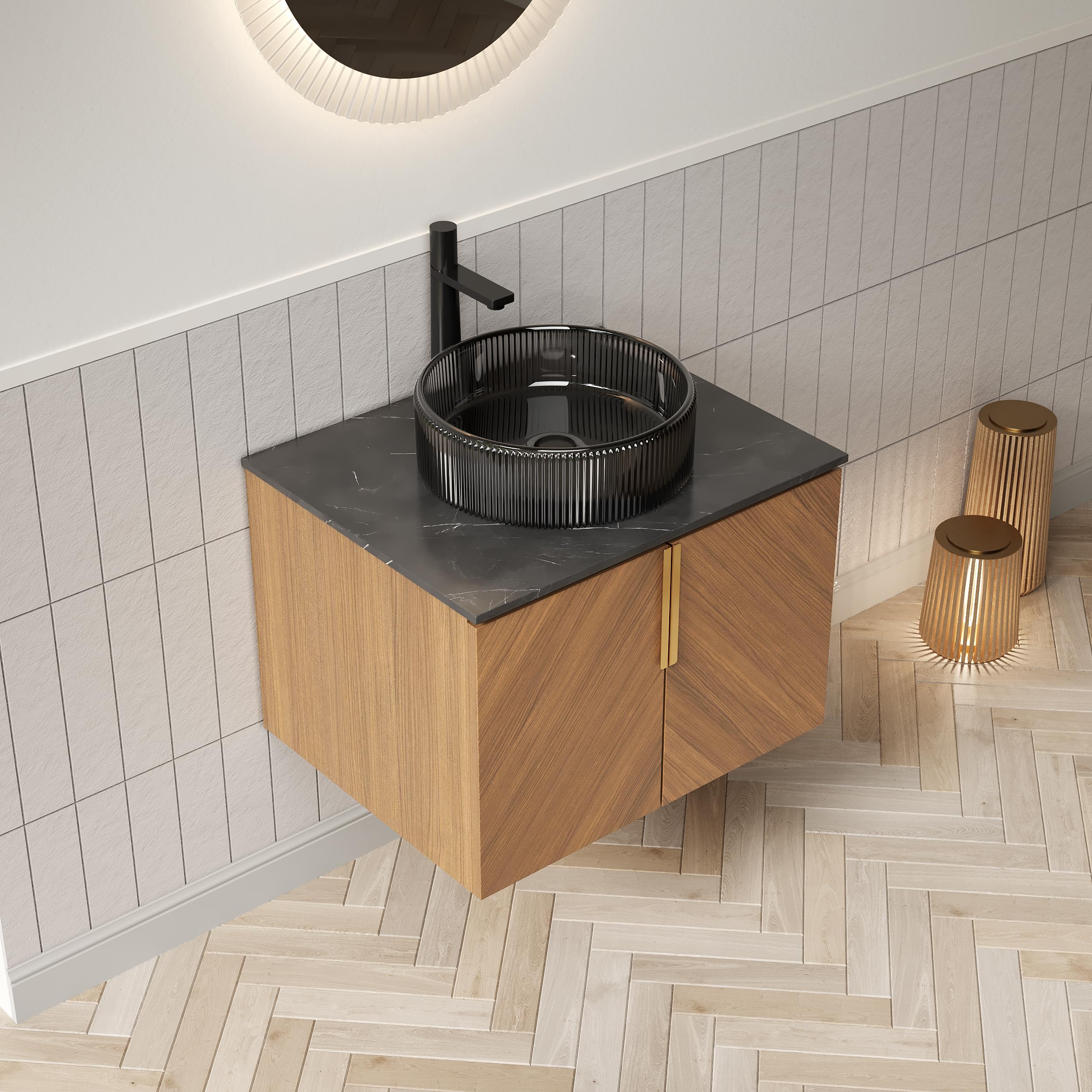 Mueble de baño de 61 cm con lavabo de cristal negro y encimera de piedra sinterizada SUKY