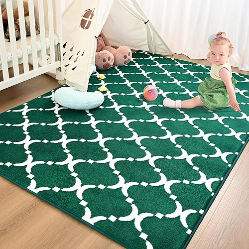 Miniatura 2 de YJ.GWL Alfombra geométrica suave para dormitorio de niñas, 4 x 6 pies, alfombra verde acogedora y moderna de espuma viscoelástica para interiores,