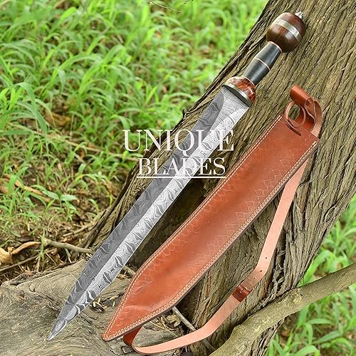 Miniatura 6 de Espada de Gladius romana, réplica de espada de gladiador de 27 pulgadas con hoja de espiga completa de acero de Damasco y funda para cosplay