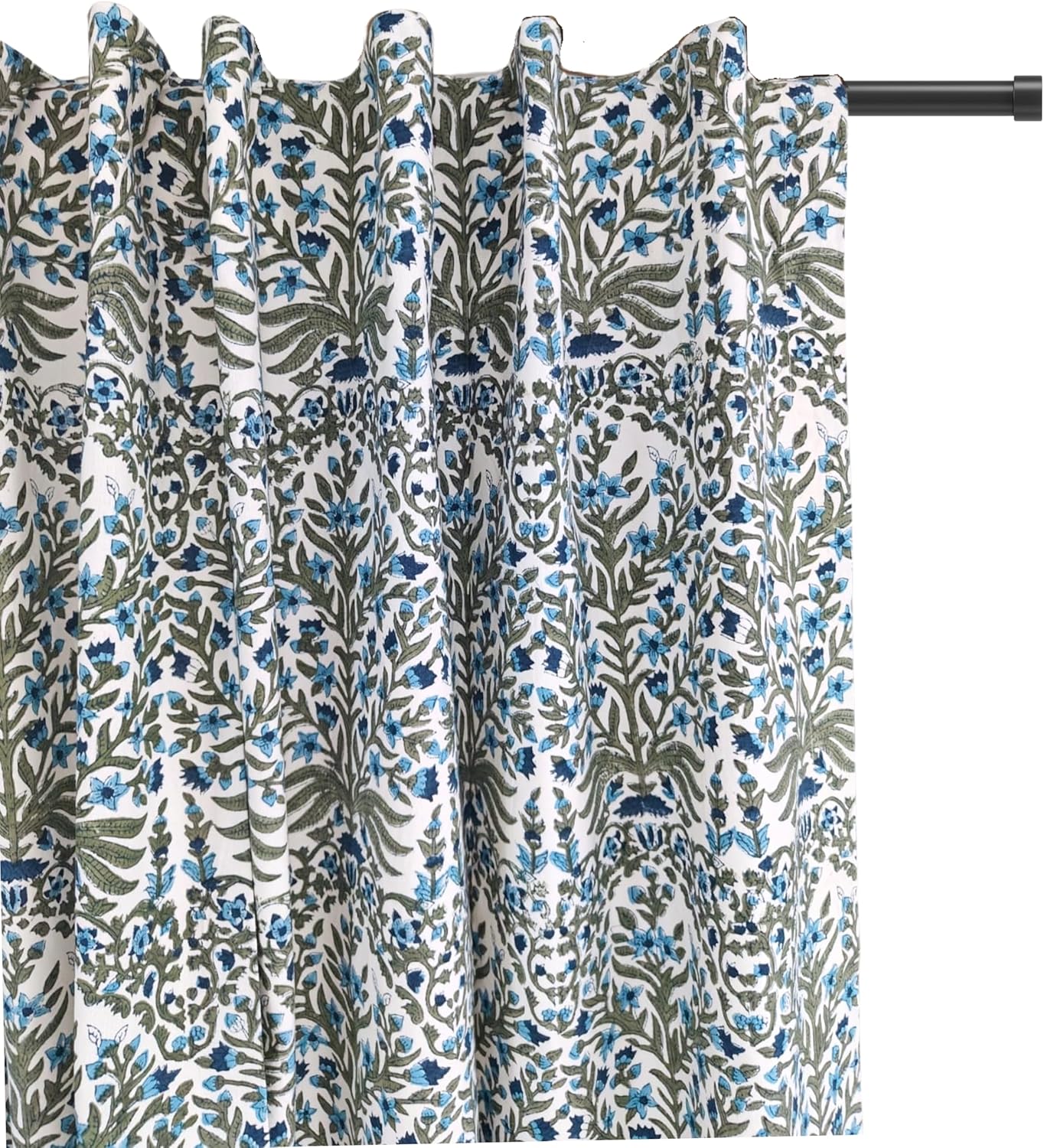 ATOSII 100% Cotton Single Panel Block Print Curtain, Easy Hanging with Rod Pocket & Loop, Living Room, Dining Room, Bedroom Light Filtering Boho Curtains, Set of 1, 60" W X 96" L, Clover Blue