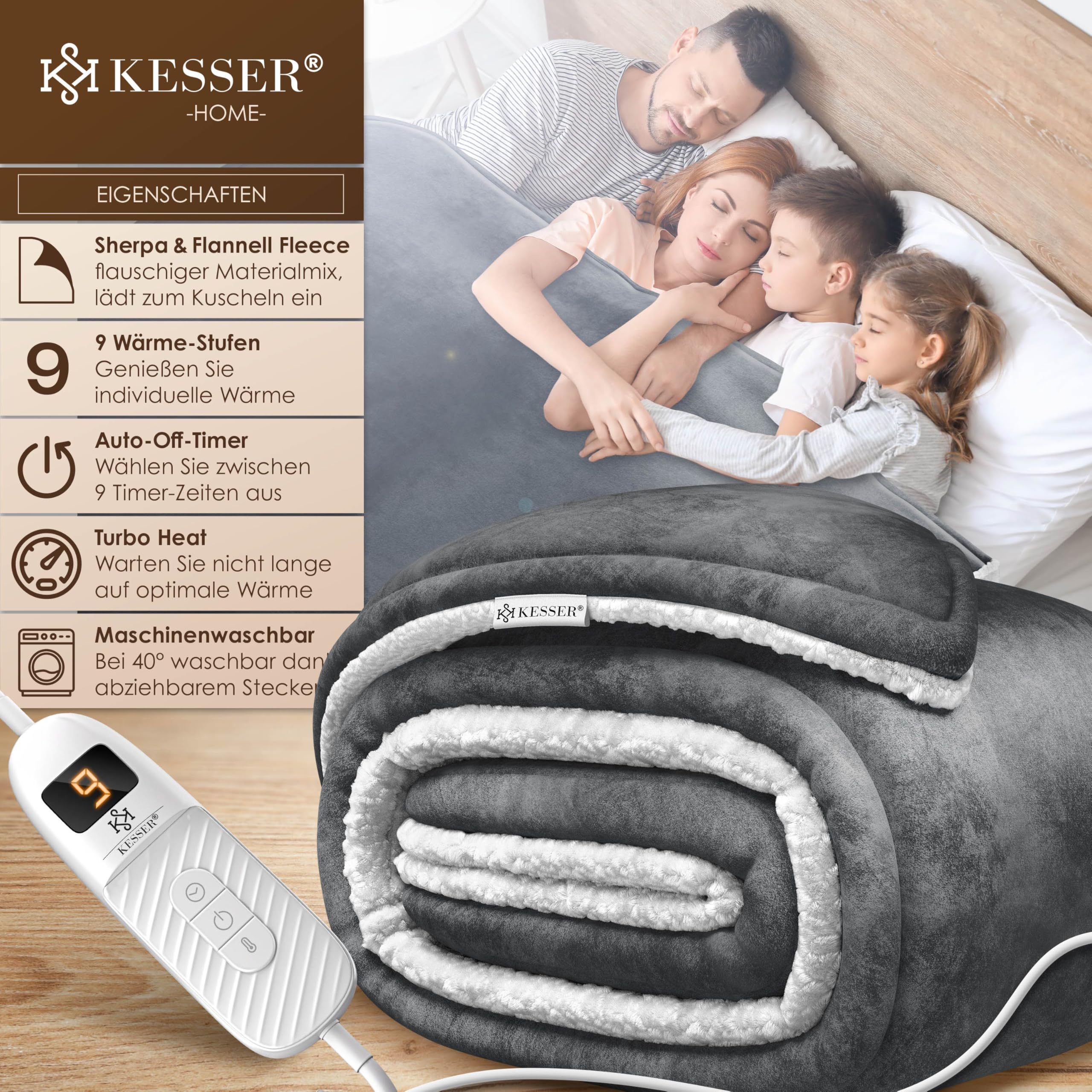KESSER® Heizdecke mit Abschaltautomatik 200x180cm Doppelseitig Elektrische Wärmedecke | Kuscheldecke Bett, Sofa | 9 Temperaturstufen | waschbar bis 40°C | mit Timer Digitalanzeige Anthrazit