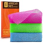 UJFQBH 3 Pieces African Bath Sponge African Net Long Net Bath Sponge Exfoliating Shower Body Scrubber Back Scrubber Skin Smoother,Great for Daily Use (Rose Red, Blue, Green)
